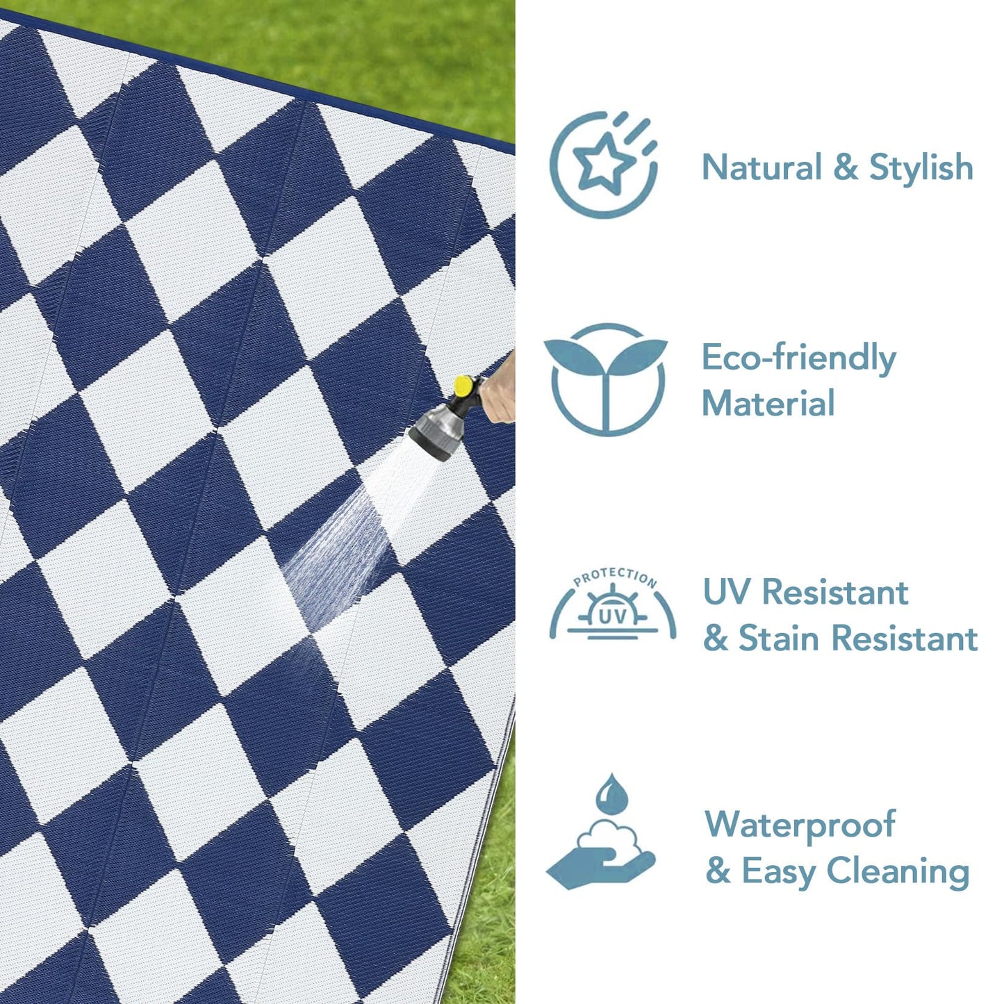 Garvee 9x12 Outdoor Rug for Patio Plastic Straw Rug Waterproof Reversible Mat Lightweight Foldable Carpet Easy Clean Large Rugs for Patio Porch Backyard Camping RV Beach Balcony Deck Checkered Navy