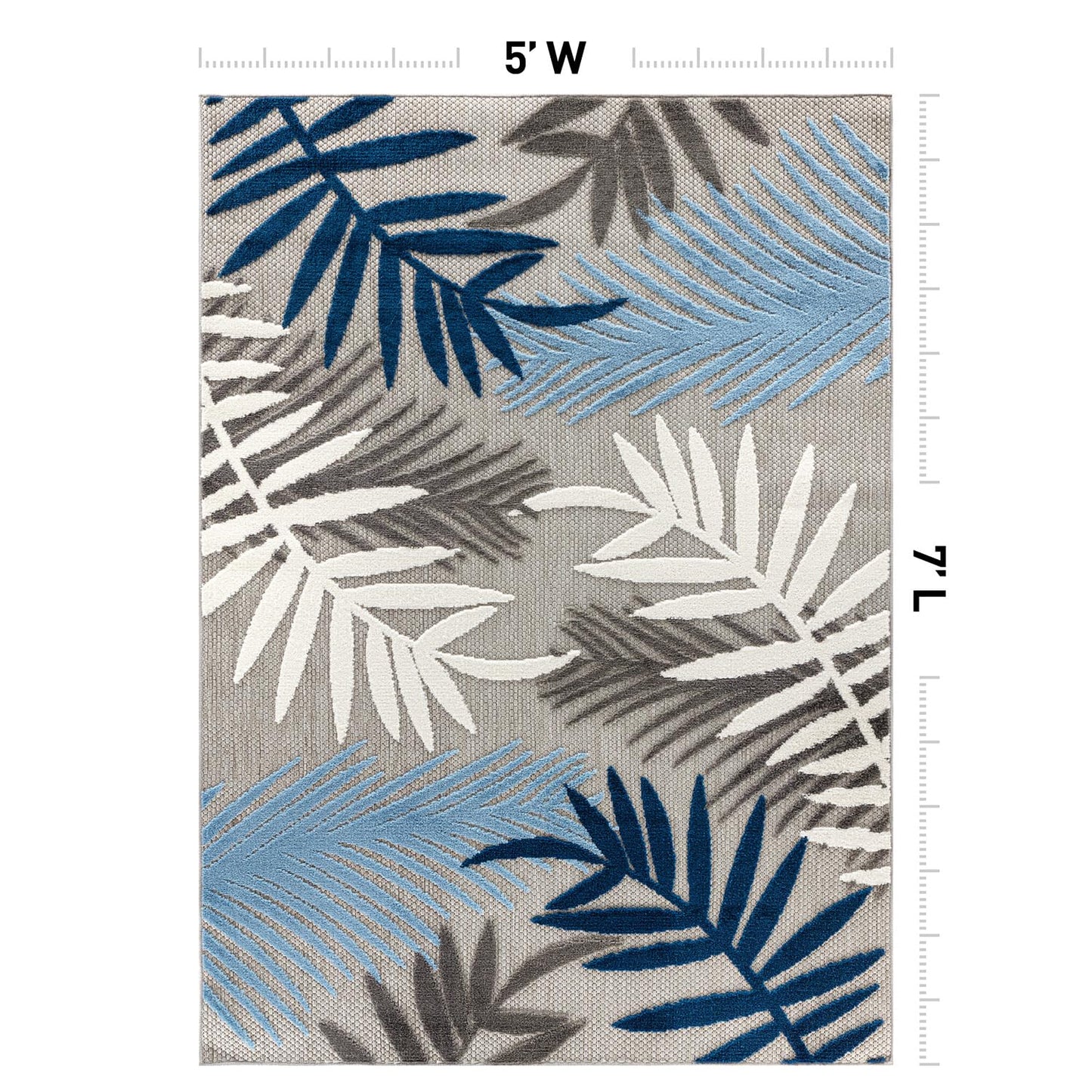 Rugshop Blue Palm Frond Indoor/Outdoor Area Rug Non-Shedding Easy Cleaning for Patio, Deck and Living Room, 5' x 7'