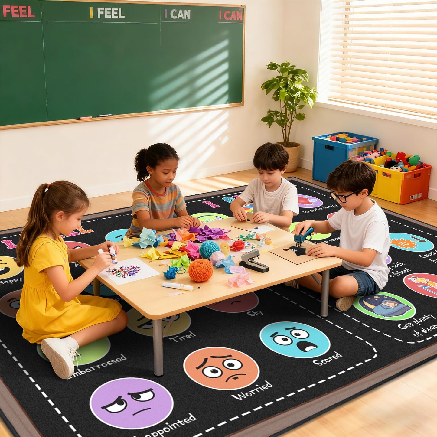Classroom Rug Elementary 5x7 ft, Calming Corner Rug for Classroom Daycare Preschool, Educational Sensory Emotion Feelings Carpet, Smiley Face Kids Play Mat for Playroom, Non-Slip Washable(Black)