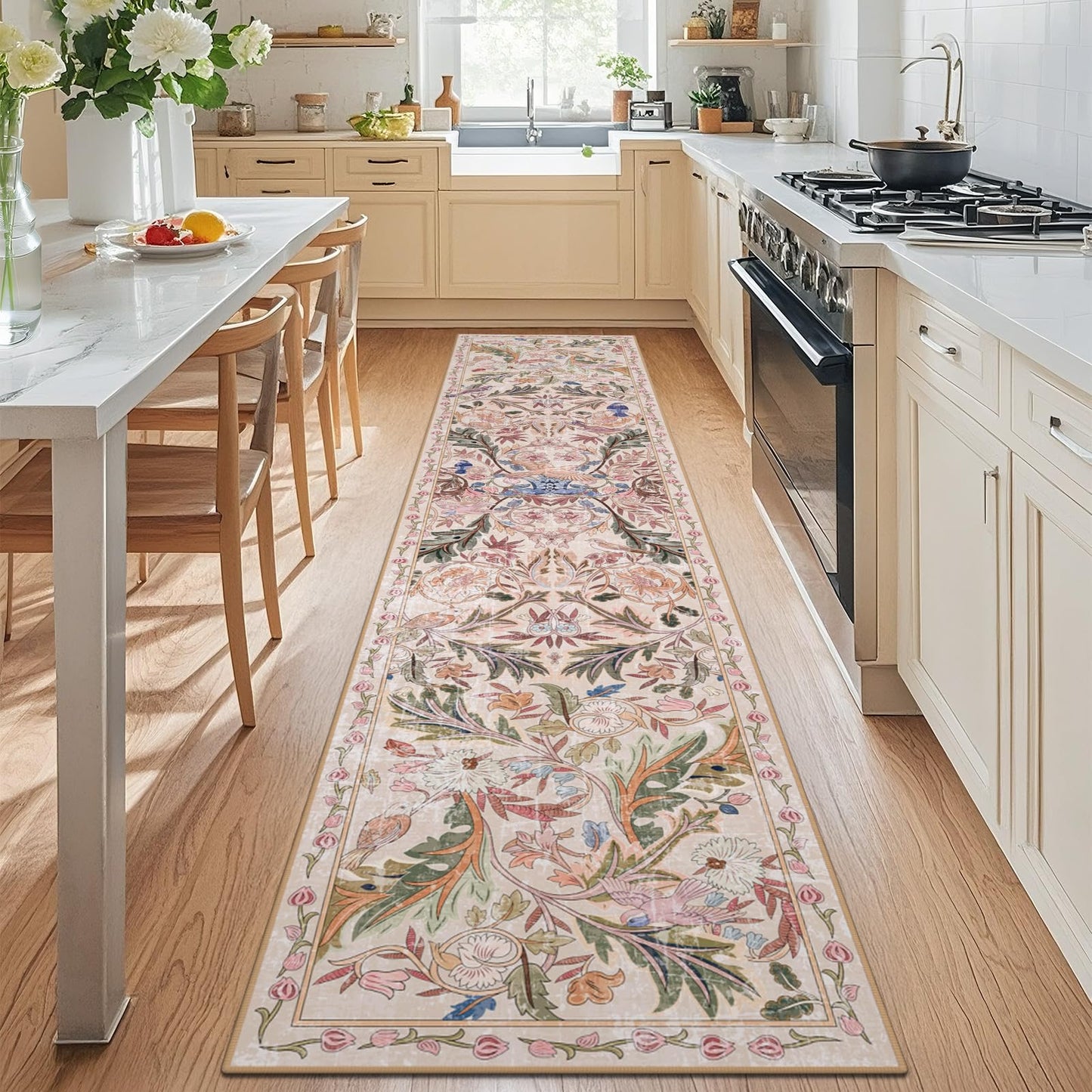 nesrt Jungle Runner Rug for Hallway 2x10Ft, Non Slip Washable Long Bird Kitchen Runner Rugs, Soft Boho Floral Forest Floor Jungle Carpets for Hall Entryway Laundry Bedroom Farmhouse Decor (Pink)