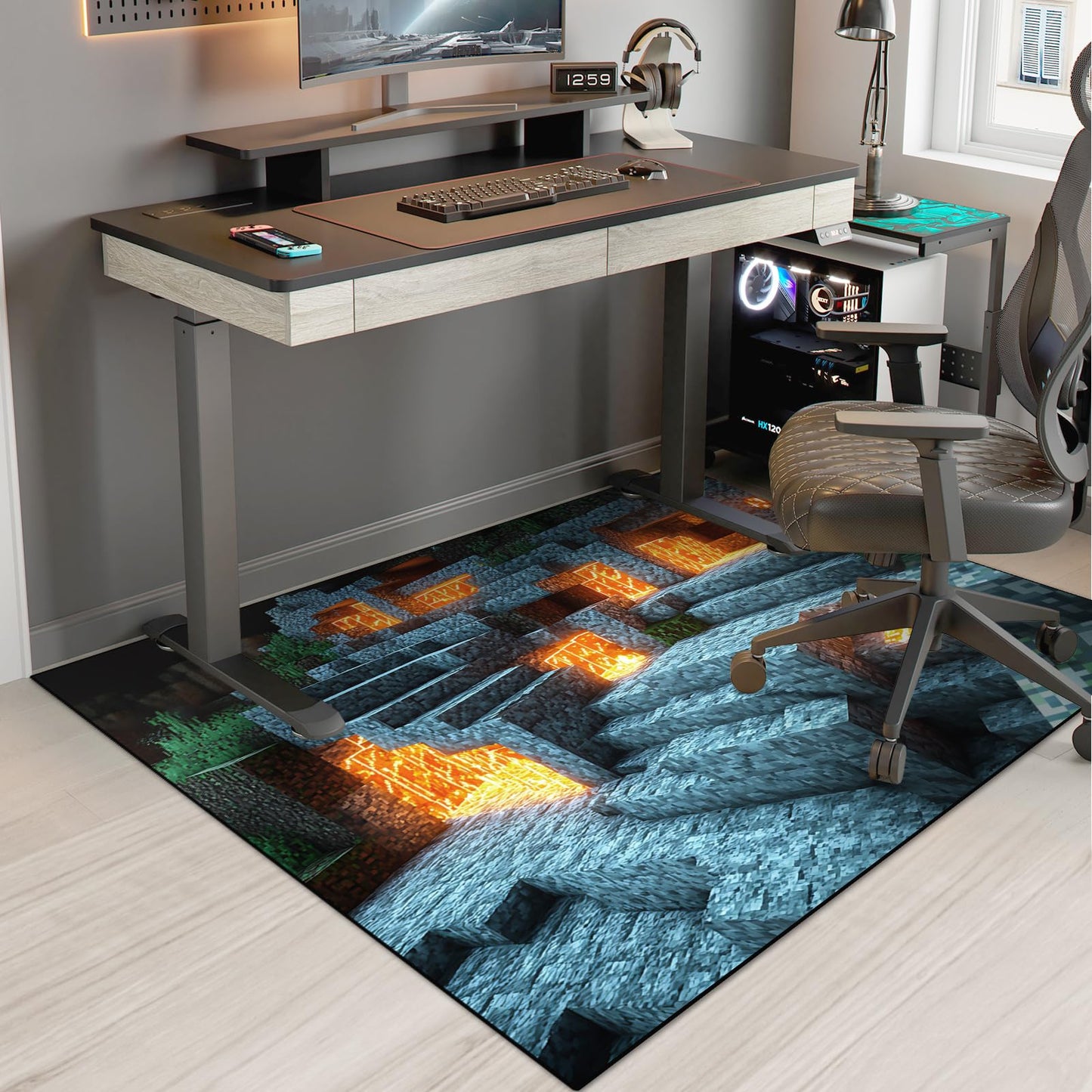 Block Game Rug Teen Kids Carpet, Pixel Games Scene Decoration Mat, Washable Game Rugs for Boy’s Bedroom Living Room Playroom, Non-Slip Children Gaming Area Rugs (Blue Rock Lava, 70" x 55")