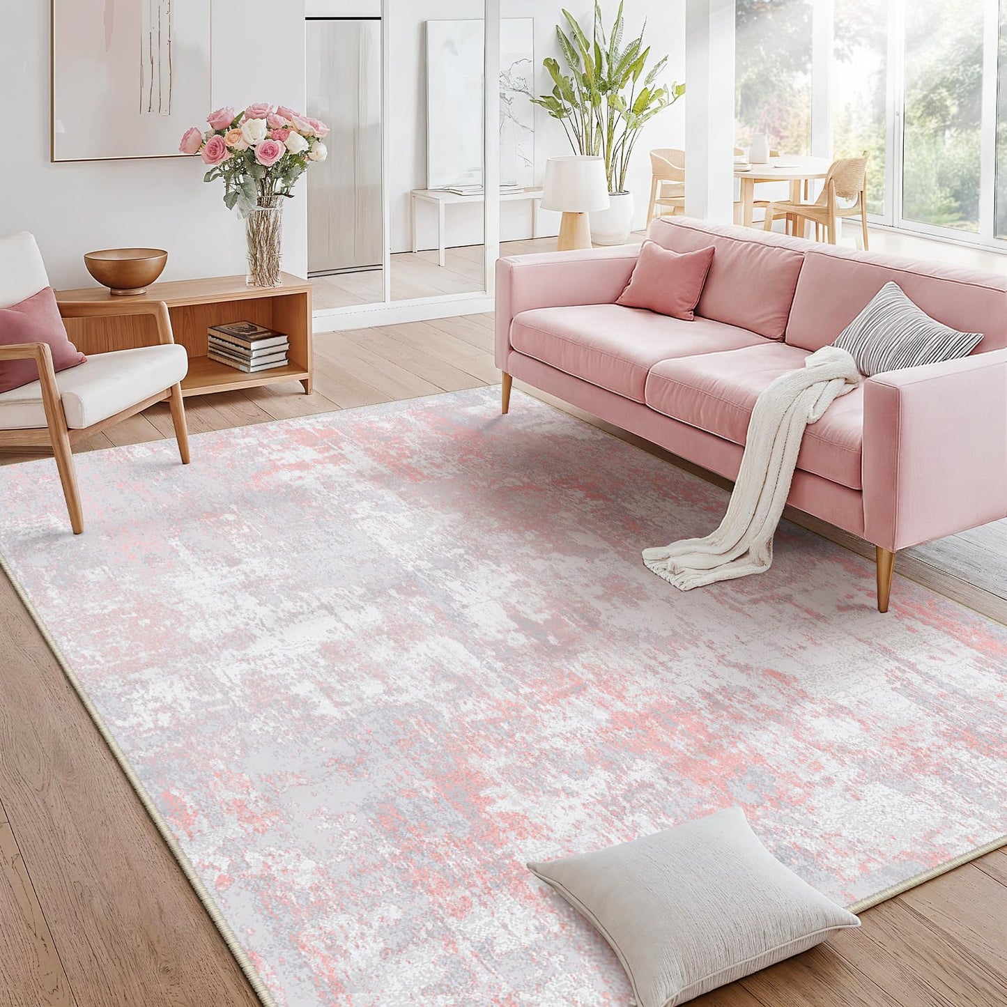 RELEANY Washable Area Rugs 5'x7' Non-Slip Modern Abstract Soft for Living Room Entryway Bedroom Kitchen, Print Pattern, Grey Pink