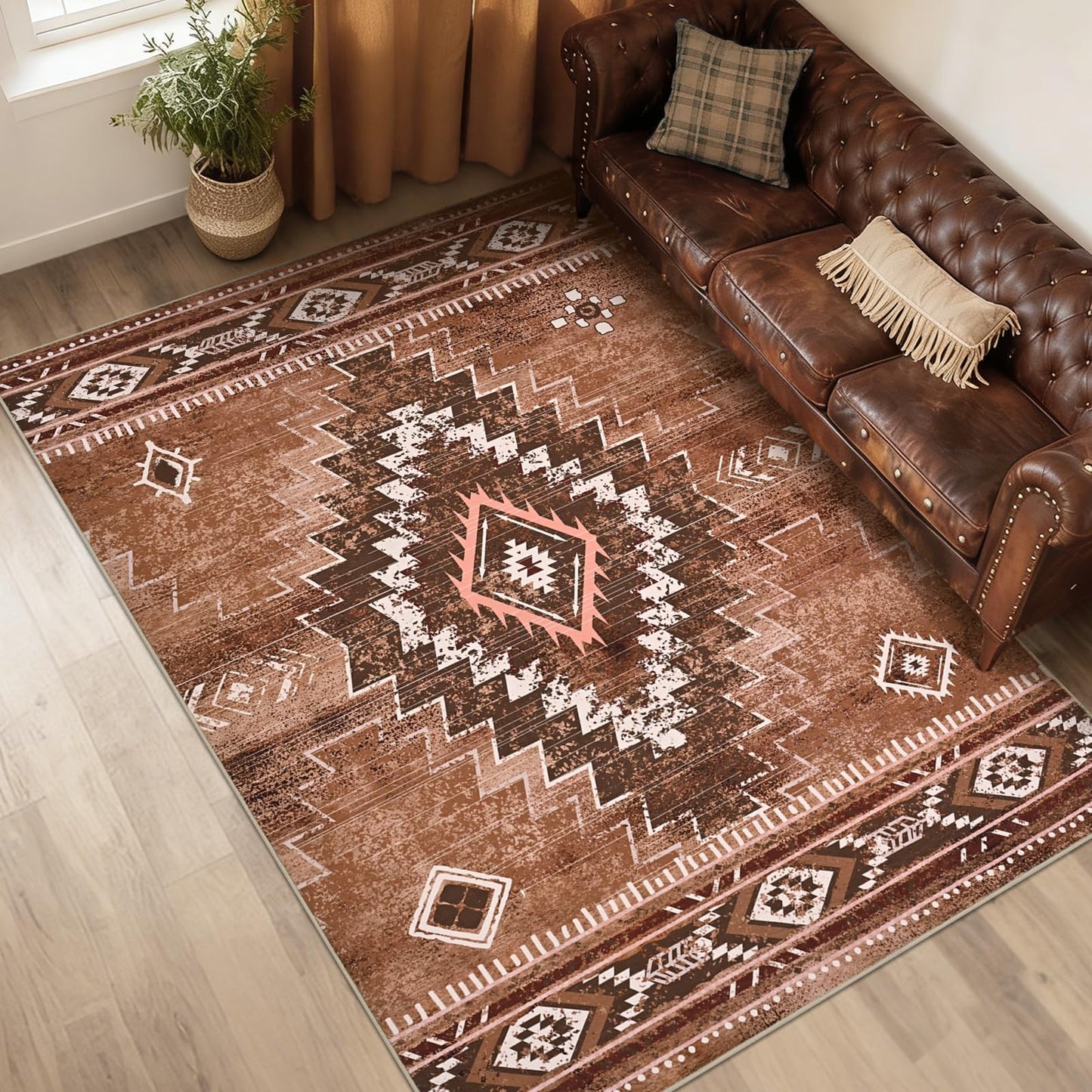 Yinhua Western Living Room Rug 5x7, Moroccan Low-Pile Washable Rug for Bedroom, Aztec Brown Rugs Non Slip with Rubber Backing, Soft Non-Shedding Carpet for Nursery Classroom Office