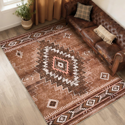 Yinhua Western Living Room Rug 5x7, Moroccan Low-Pile Washable Rug for Bedroom, Aztec Brown Rugs Non Slip with Rubber Backing, Soft Non-Shedding Carpet for Nursery Classroom Office