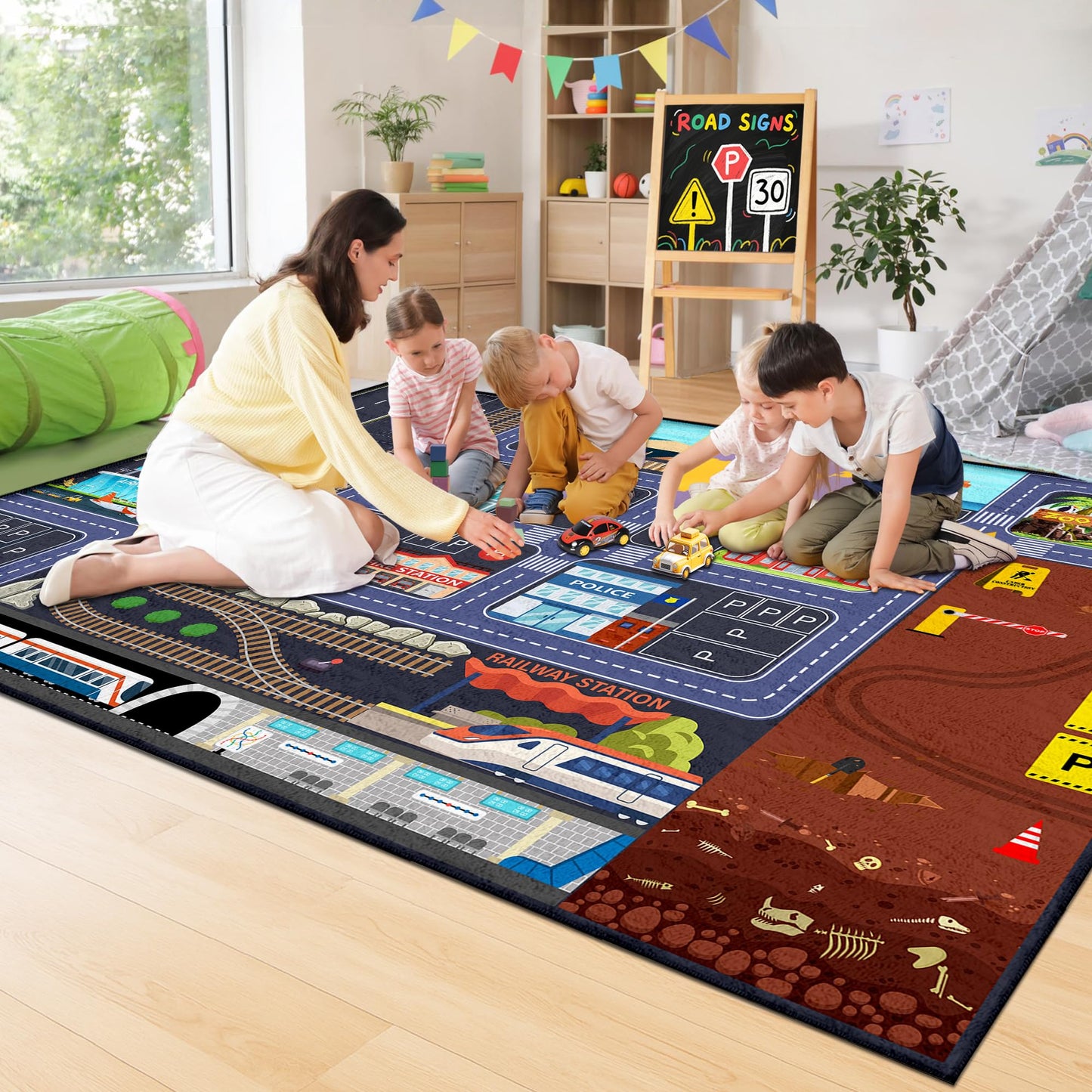 Ekpvgit Car Road Kids Rug Carpet Playmat 5x7 - Car Rugs for Kids Boys, Boys Educational City Traffic Build Play Mat, Washable Non-Slip City Traffic Road Kid Rug for Playroom Bedroom Classroom Nursery