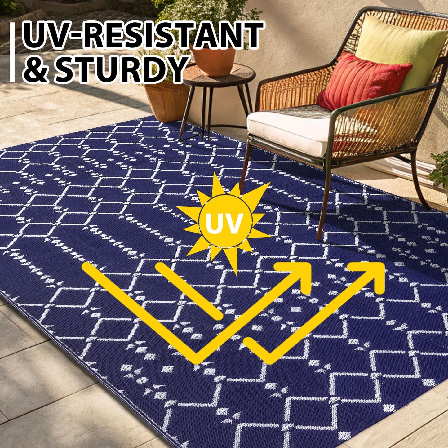 Smiry Outdoor Rug 6x9 ft, Waterproof Reversible Plastic Straw Rugs, Boho Outdoor Area Rug, Outside Floor Mat for Patio, Backyard, Deck, Picnic, Beach, Camping, Navy