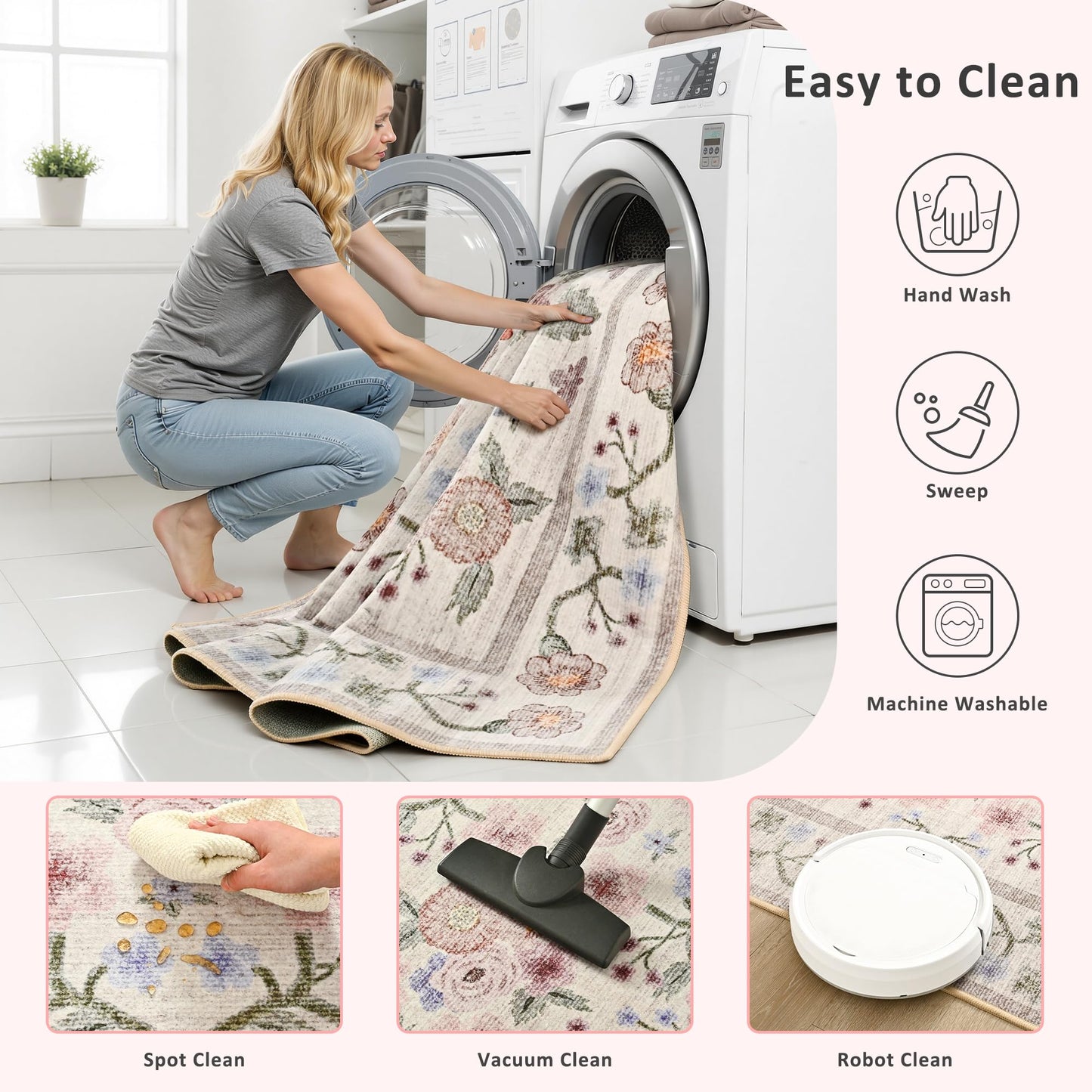 Maxsoft Large Area Rugs for Living Room Bedroom, 5x7 Washable Floral Area Rugs, Non-Slip and Stain Resistant Soft Throw Indoor Carpet for Dining Room Office Kitchen Dorm Home Decor, Pink