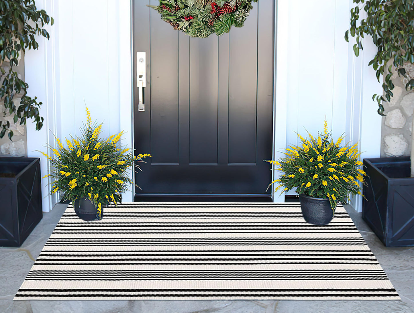Black and White Striped Outdoor Rug 24'' x 51''Farmhouse Front Porch Rug Hand-Woven Machine Washable Layered Door Mats for Entryway/Bedroom/Patio/Porch Decor