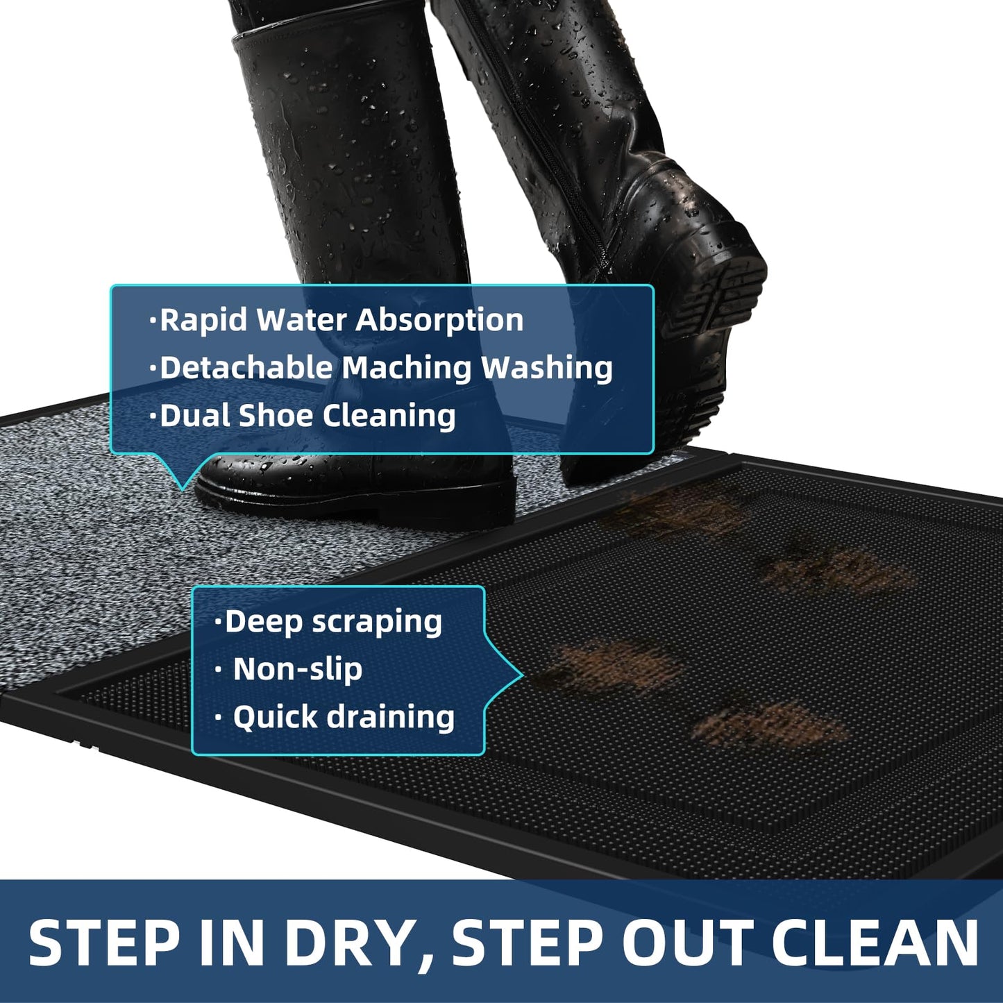 BEHERO Front Door Mat Outside Entrance - 2-in-1 Wet & Dry Dual Deep Cleaning Shoe Mats, Heavy Duty Indoor and Outdoor Welcome Matt, 16" x 47"/24" x 31.5" Variable-Size Disinfectant Mat for Entryway