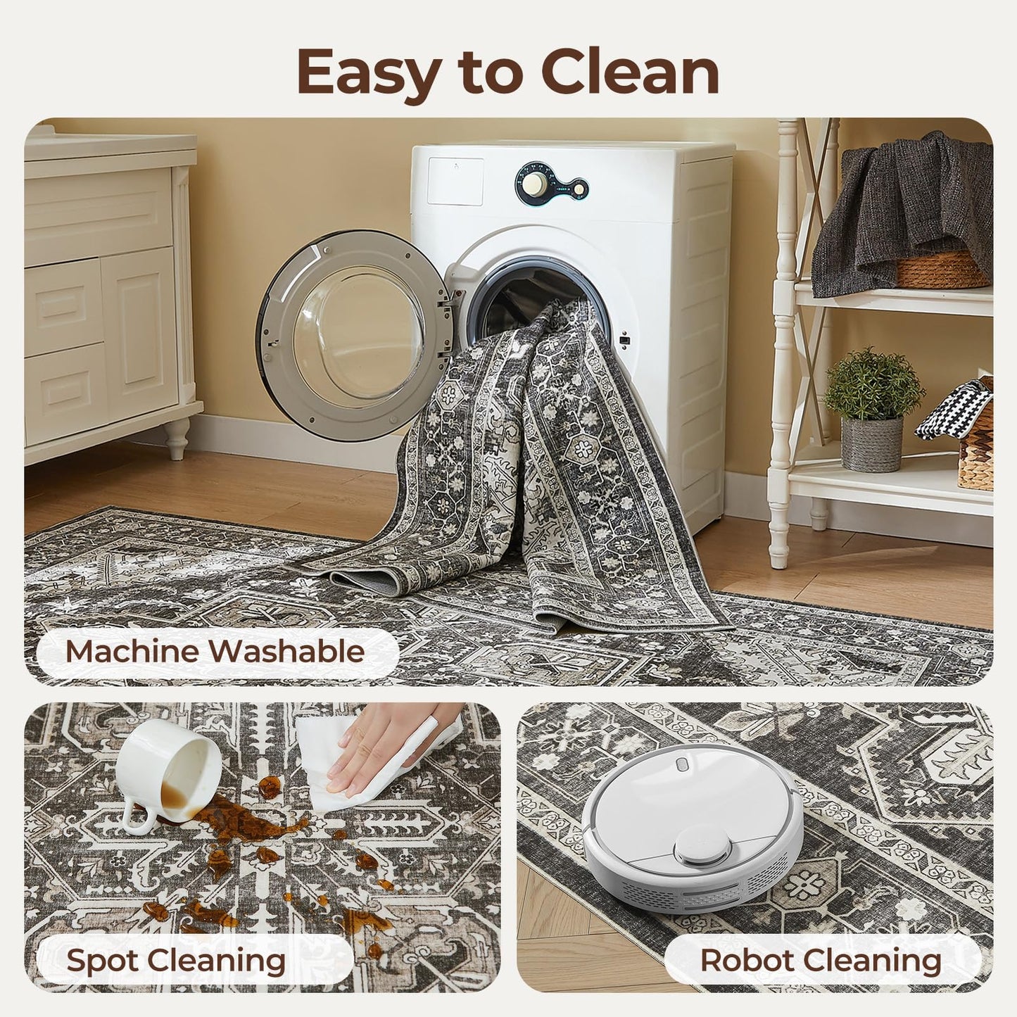 WITSHOCK Living Room Area Rugs 8x10: Washable Rug Boho Soft Non-Slip Low Pile Stain Resistant Foldable Carpet for Bedroom Playroom Dining Room Office Kitchen Farmhouse Home Decor Rug-Bitter Black