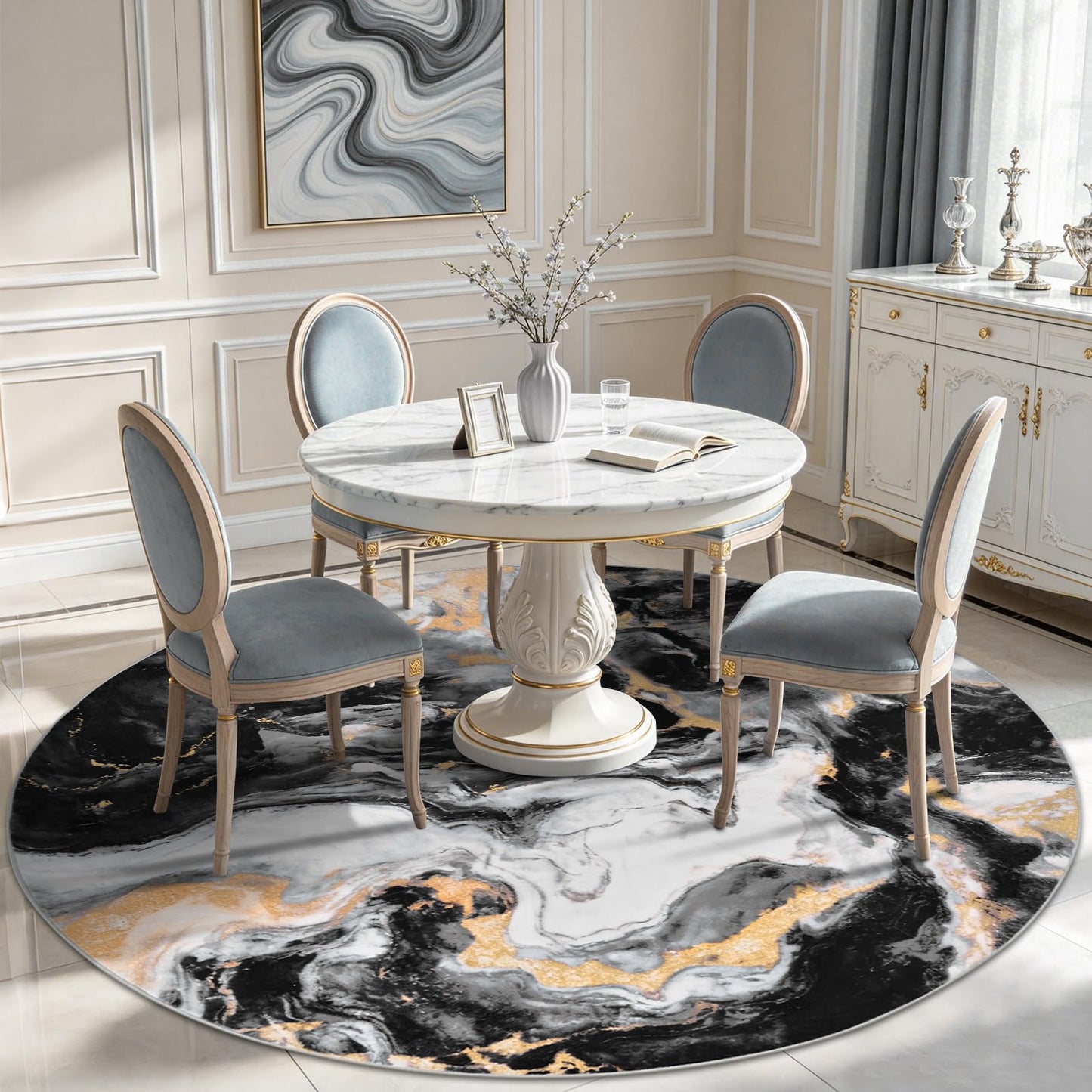 Yinhua Washable Round Rug 6ft, Circle Black and Gold Rug Non Slip, Soft Faux Wool Marble Rugs Non Shedding, Low Pile Abstract Area Rugs, Stain Resistant Carpet for Dining Room Table Nursery