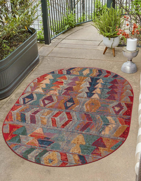 Unique Loom Outdoor Modern Collection Area Rug - Tamarindo (4' 1" x 6' 1" Oval Multi/Burgundy)