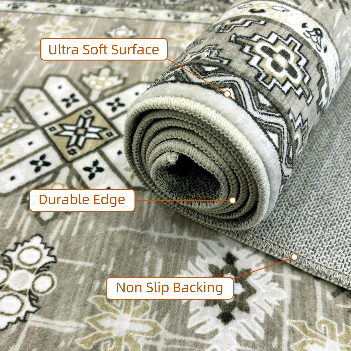 Boho Washable Area Rug 5x7, Large Soft Rugs for Living Room Farmhouse Vintage Beige Carpet 5x7 Area Rugs for Bedroom Dining Room Non-Slip Stain Resistant Under Table Rug