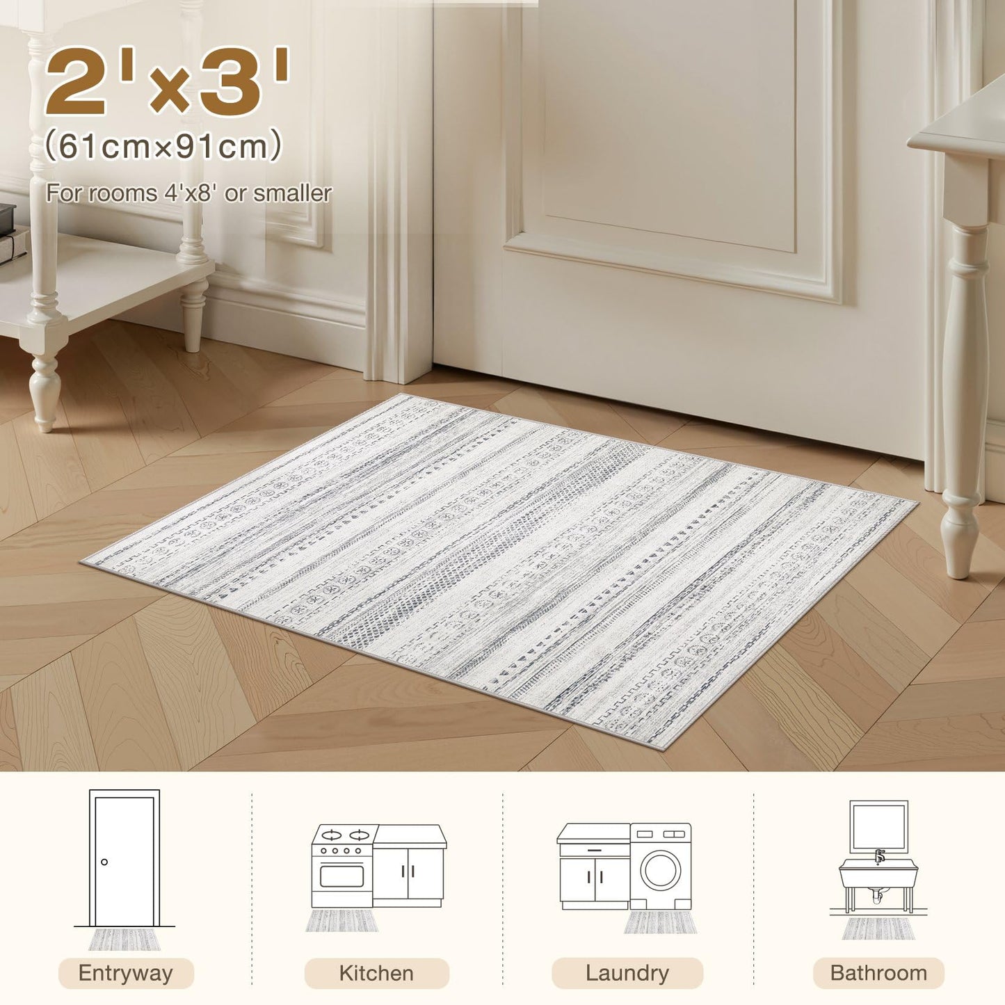 kakania 2x3 Washable Entryway Rug: Non Slip Soft Thin Small Rug, Boho Geometric Modern Decor, Easy Clean Indoor Floor Door Mat for Kitchen Bedroom Dorm Bathroom - Grey