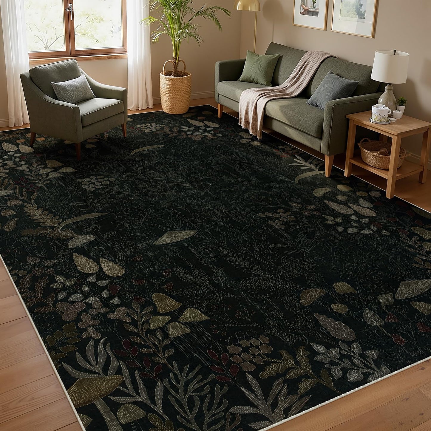 Joydeco Mushroom Washable 8x10 Area Rugs for Living Room, Boho Floral Bedroom Rug Non Slip, Soft Botanical Low-Pile Floor Indoor Throw Carpet for Dining Dorm Home Office, Black-Brown