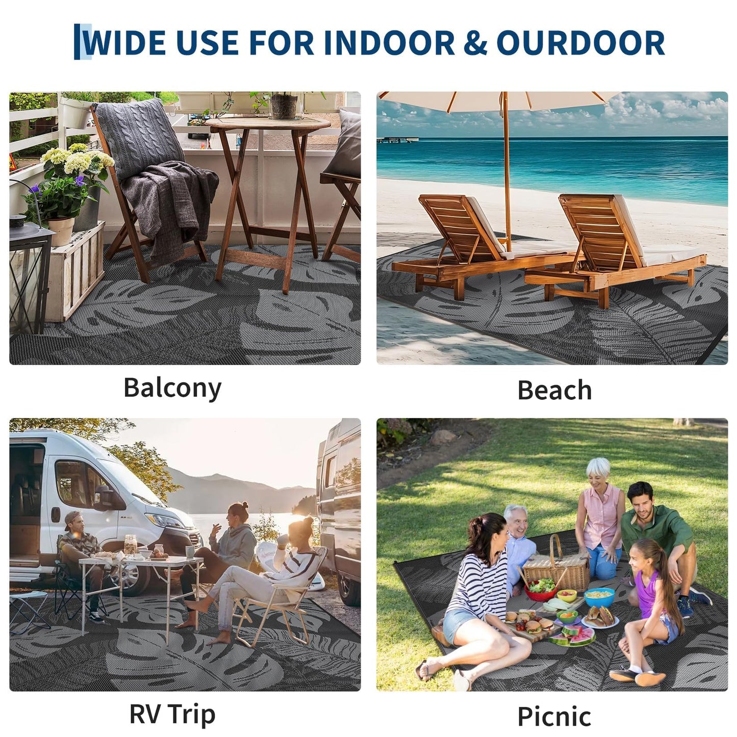 MilleLoom Outdoor Rug 8x10 Waterproof Patio Rugs Modern Leaf Print Reversible Mat for Front Door Rv Foldable Plastic Straw Carpet for Travel Trailers, Deck, Porch, Camper, Balcony, Beach，Black/Grey