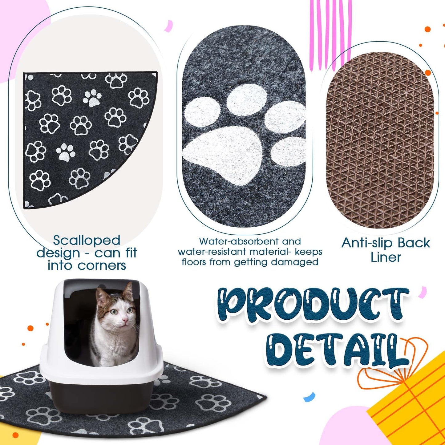 Drydiet Corner Cat Litter Mat for Small Boxes, 29" x 29" Fan-shaped Kitty Litter Trapping Mat Cute Paw Pattern with Waterproof Non-slip Backing, Machine Washable, Urine Proof