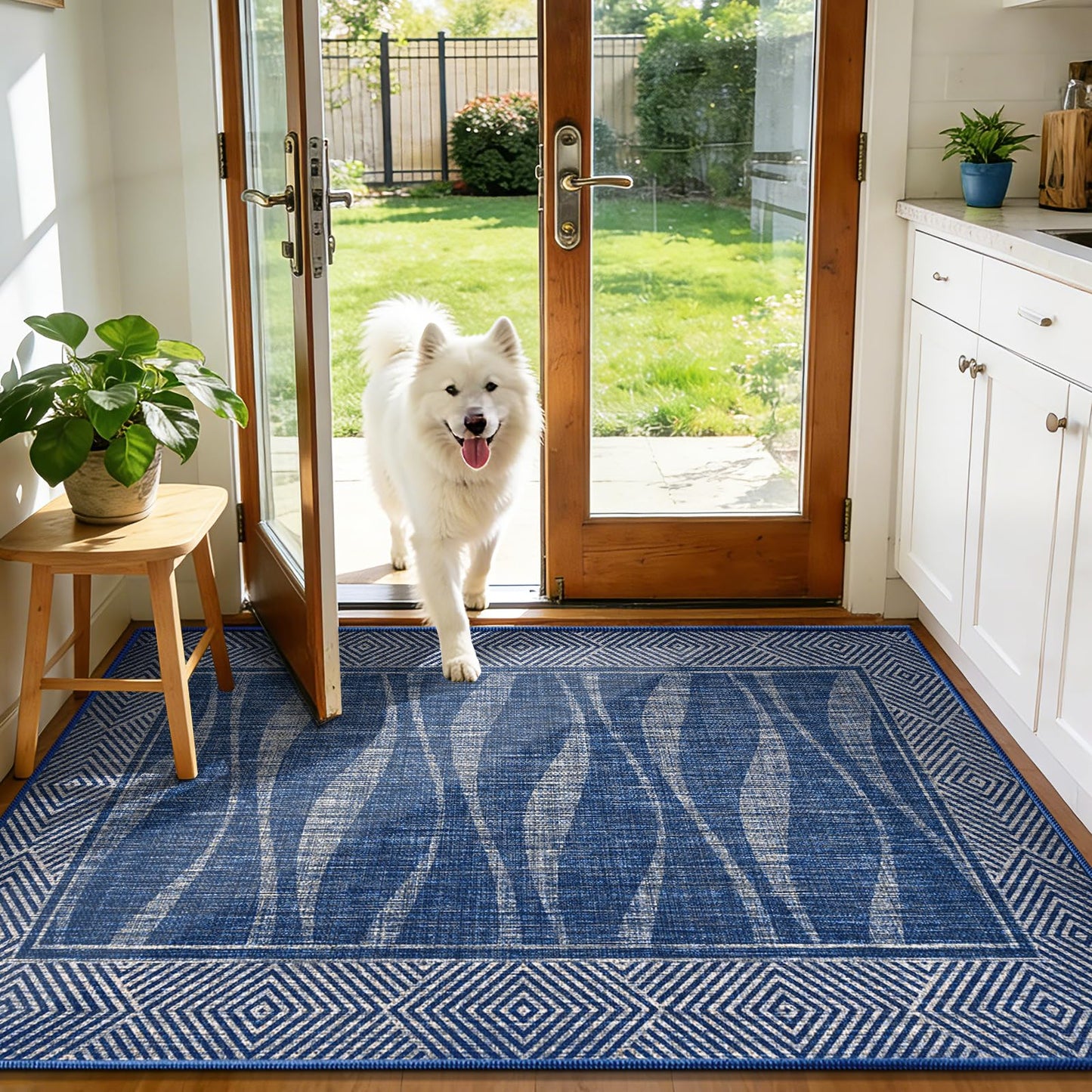 Jute Rug 3x5 Outdoor Patio Rug with Border, Washable Rugs for Entryway Porch, Farmhouse Non Slip Area Rugs with Rubber Backing, Non Shedding Carpet for Indoor Outdoor Bedroom, Courtyard, Blue