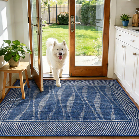 Jute Rug 3x5 Outdoor Patio Rug with Border, Washable Rugs for Entryway Porch, Farmhouse Non Slip Area Rugs with Rubber Backing, Non Shedding Carpet for Indoor Outdoor Bedroom, Courtyard, Blue