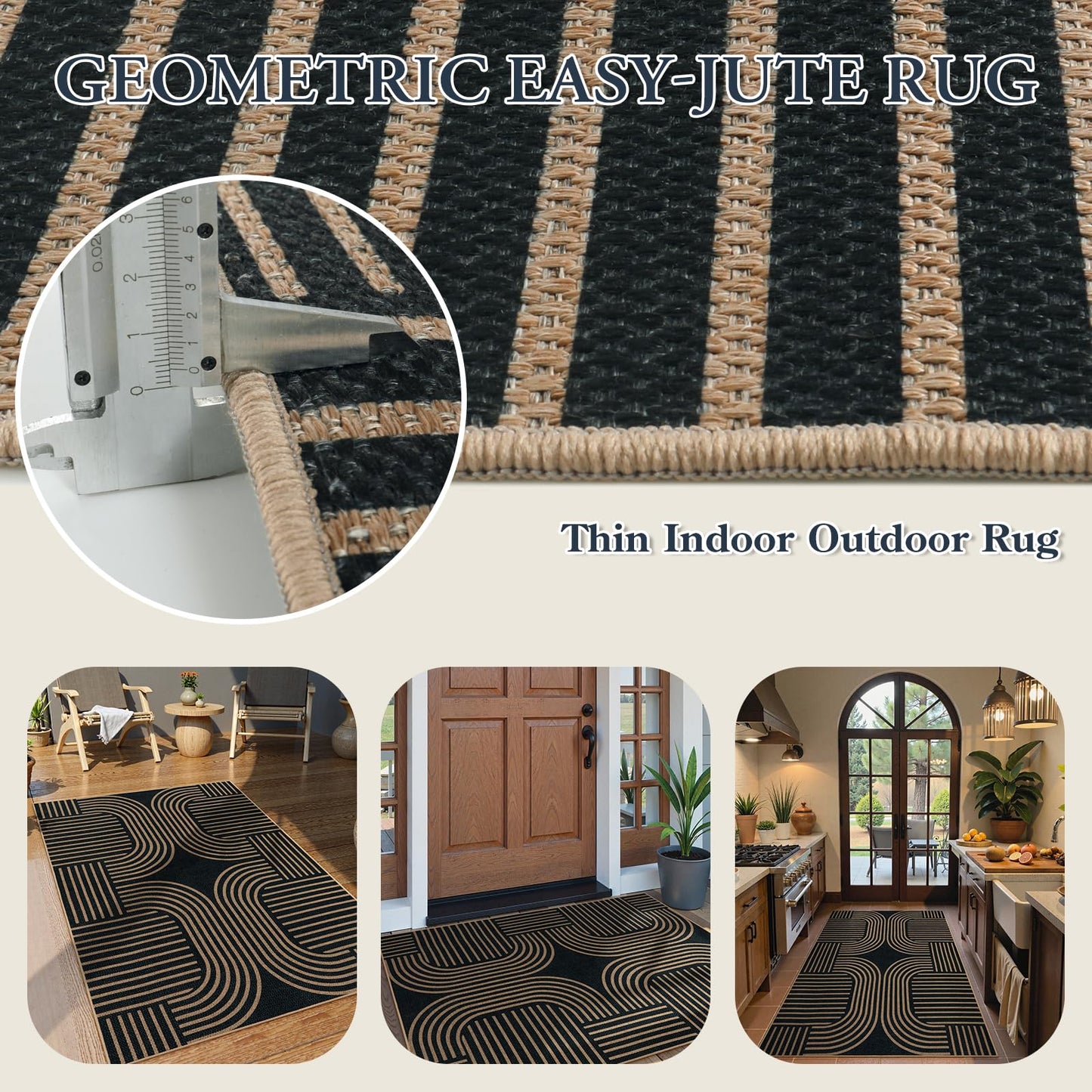 Lahome Enfys Modern Geometric Outdoor Easy Jute Rug, 3x5 Indoor Outdoor Rugs for Entryway Black Living Room Carpet, Farmhouse Washable Non Slip Carpet for Patio Courtyard Bedroom