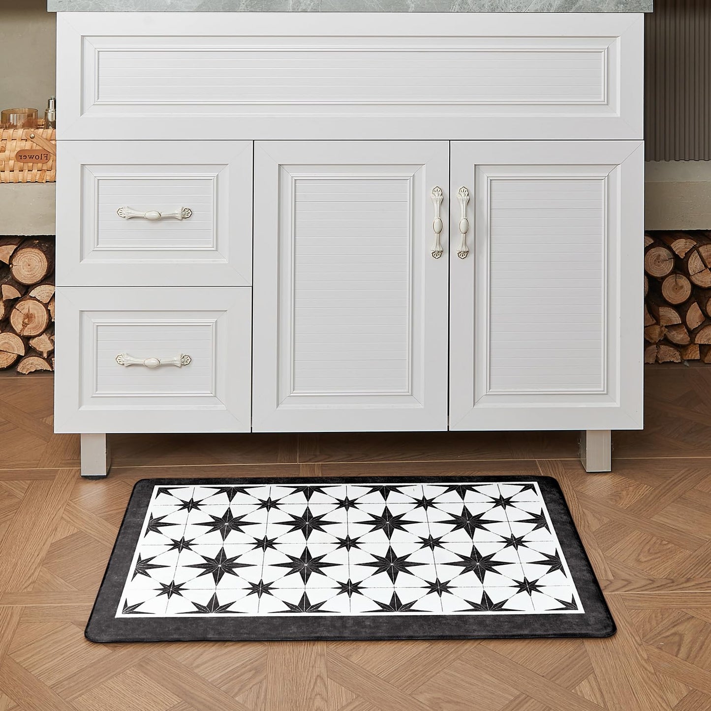 OnesCosy Black Kitchen Rugs Set of 2, Anti Fatigue Mats for Kitchen Floor, Waterproof Cushioned Rug, Non Slip Memory Foam Standing Mat for Sink, Stove, Laundry, Star Tile, 17.3"x27.6"+17.3"x47.2"