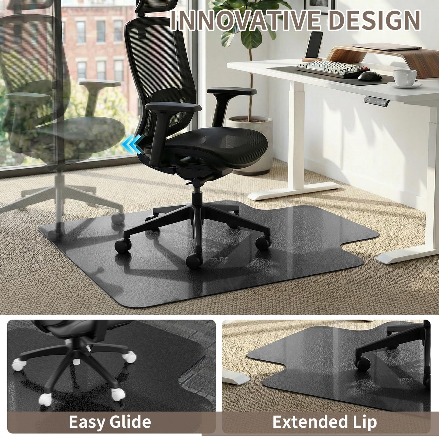 Office Chair Mat for Low Pile Carpeted Floors with Lip, 48" x 60" Heavy Duty Floor Mat for Desk Chair on Carpet,Easy Glide Carpet Protector Mat for Computer Chairs,Rolling Chairs,Office,Home,Anti-slip