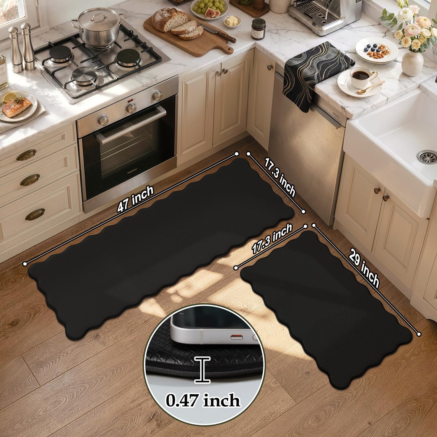 KIMODE Scalloped Kitchen Mats for Floor Cushioned Anti Fatigue,Wavy Kitchen Sink Rugs Sets of 2 Non Slip,Comfort Memory Foam Kitchen Floor Mat Carpet for Office Laundry,Black