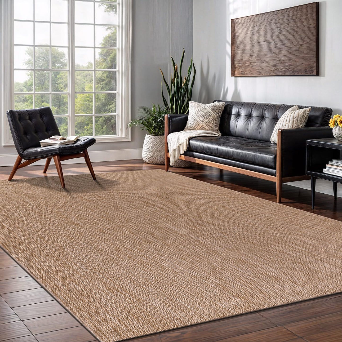 Washable Indoor Outdoor Rug 9x12 Weather Resistant Area Rugs Modern Solid Jute Rug for Porch Deck Balcony Backyard Patio Outside Carpet (9 X 12 Jute Beige)