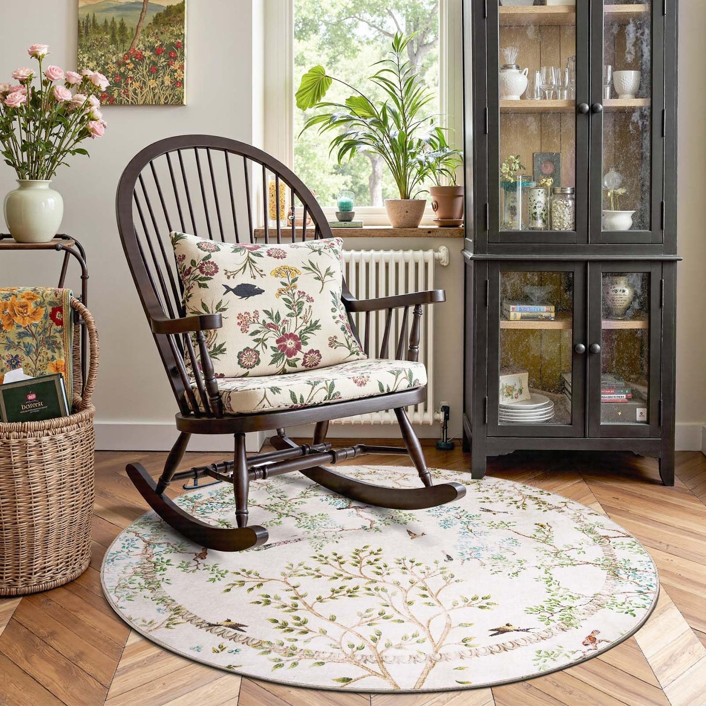 jinchan Yarden Round Rug 6ft, Vintage Distressed Botanical Birds Print Rug, Machine Washable Ultra Thin Low Pile Non Slip Area Rug, Ivory Circle Rug for Living Room Bedroom