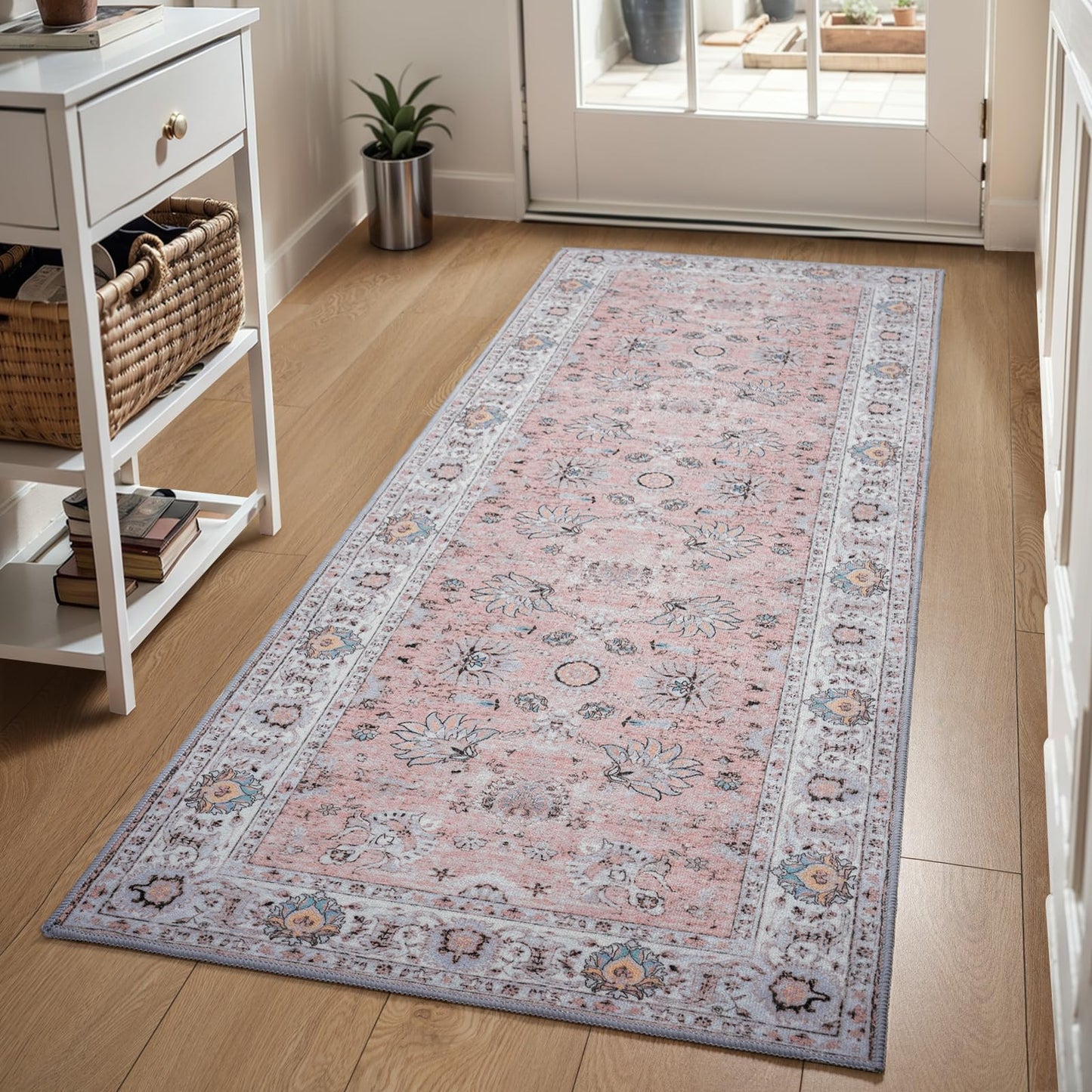 Runner Rug for Kitchen Hallway 2x6 Washable Non-Slip, Soft Boho Floral Carpet Low Pile Vintage Long Kitchen, Bedroom, Laundry, Bathroom, Living Room Rugs (Pink)