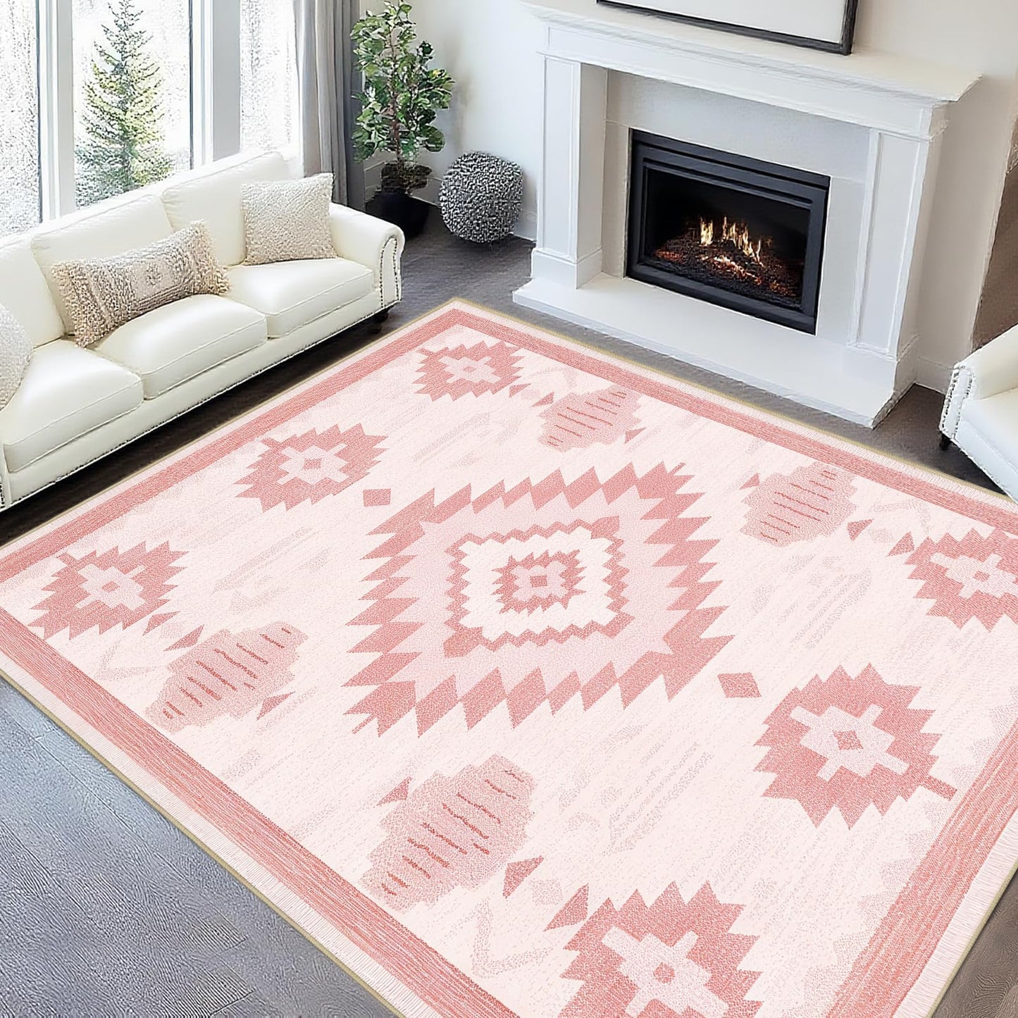 Area Rug 6x9 Living Room Western Rug Aztec Southwestern Rugs Machine Washable Tribal Navajo Southwest Rug Non Slip Printed Low-Pile Indoor Floor Carpet for Dining Room Bedroom Office, Pink