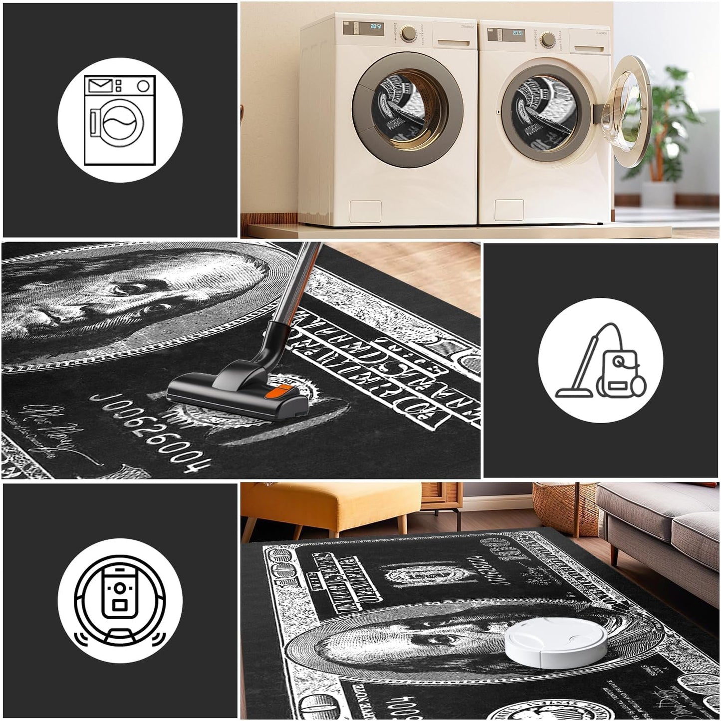 NITUMIR 4×6 Rug for Room Decoration Black and White Money Area Rugs Modern 100 Dollar Bill Rugs for Living Room Non-Slip Runner Rug for Bedroom Office Dining Room, Washable Cash Art Carpet 47”x71”
