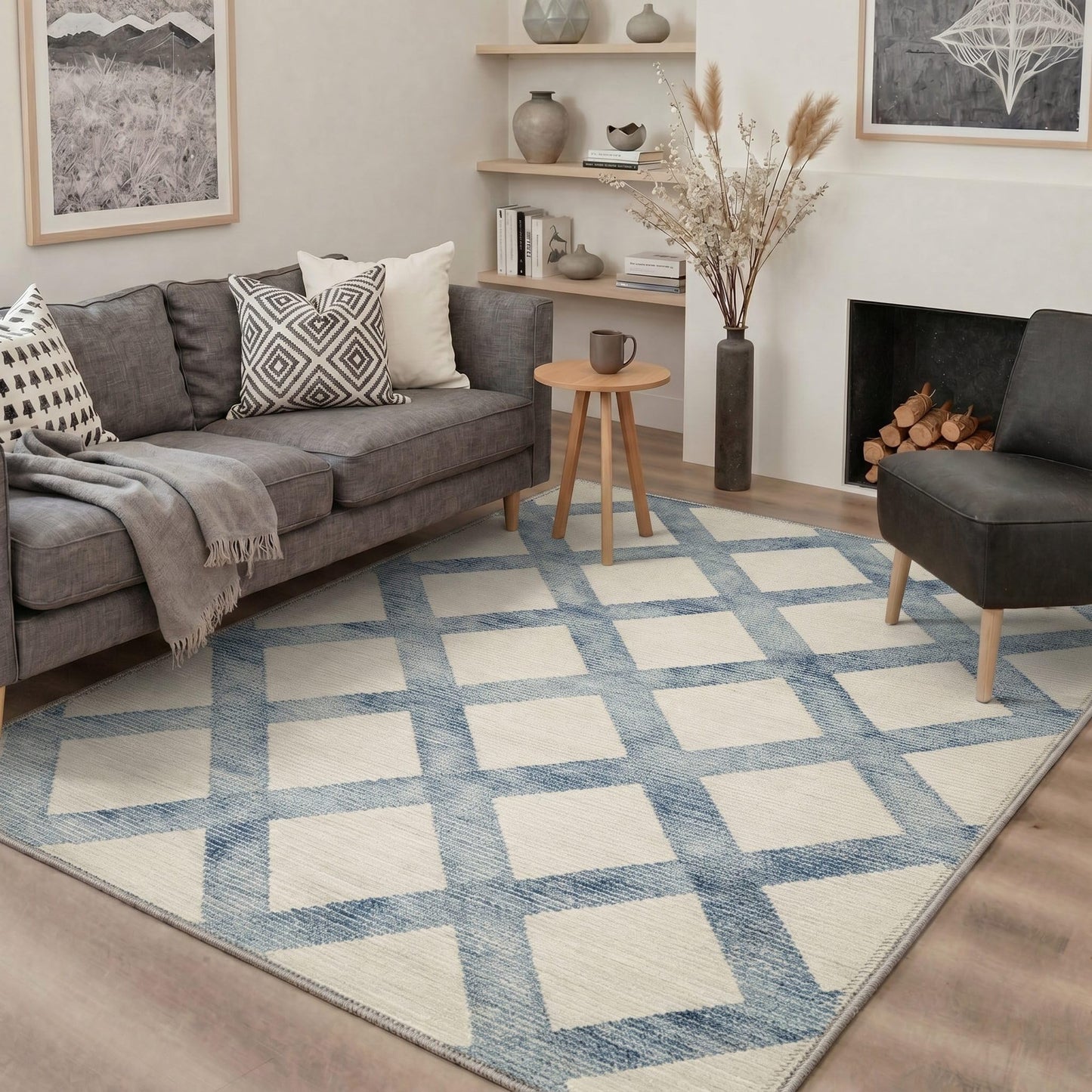 Bavni 2x3 Rug Machine Washable Low Pile Non Slip Backing for Entryway Kitchen Bathroom Front Door, Small Indoor Door Mat with Diamond Lattice Print Pattern, Dusty Blue