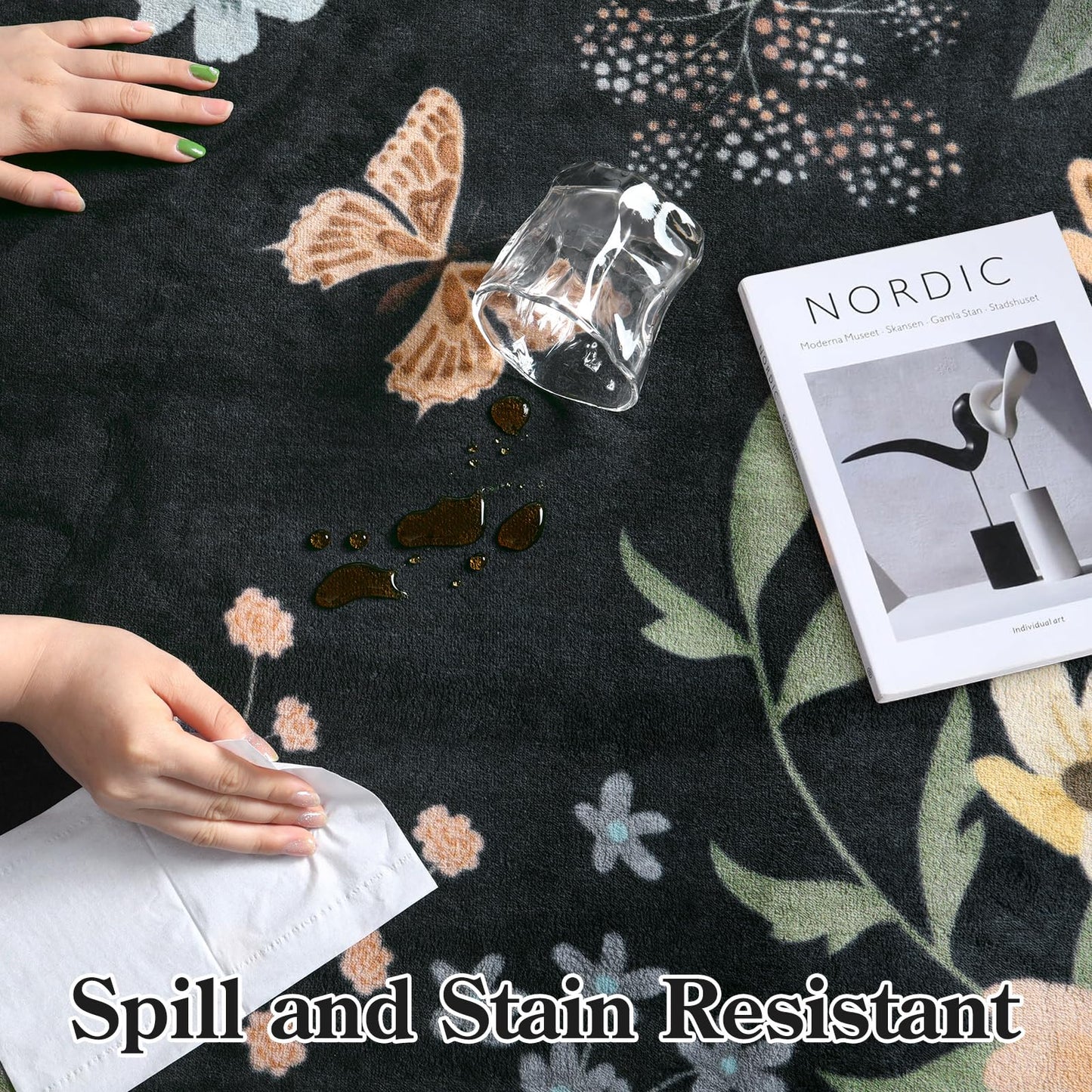 Lahome Floral Rugs for Living Room, 5x7 Area Rugs Ultra-Thin Soft Washable Rug, Non-Slip Bedroom Rug Stain Resistant Boho Flore Carpet for ‎Dining Room Office (5x7ft,Black/Grey)