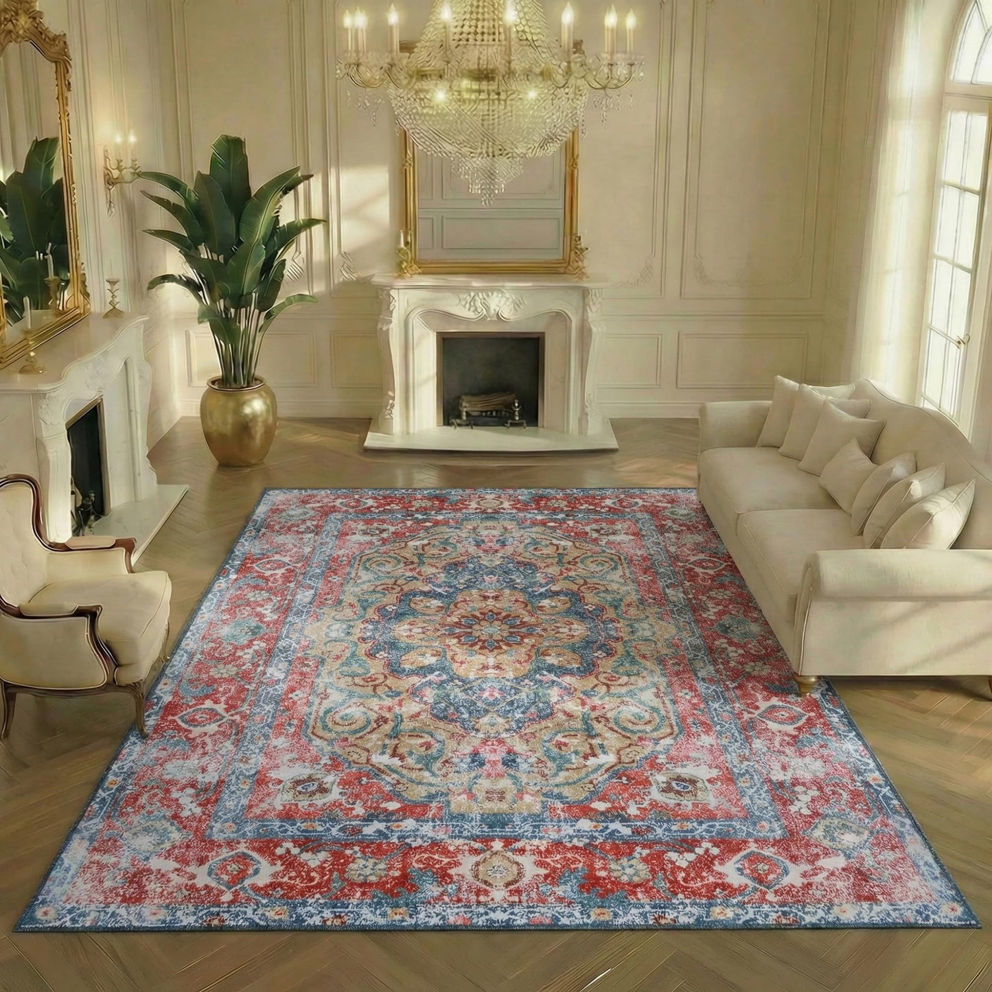 Superior Medallion Washable Rug, Cotton Backing, Carpet for Dining Table Mud Room, Easy Care, Non-Slip Rug for Entry, Living Room, Bedroom, Low Pile Area Rug, Tanager Collection, 10' x 14', Red