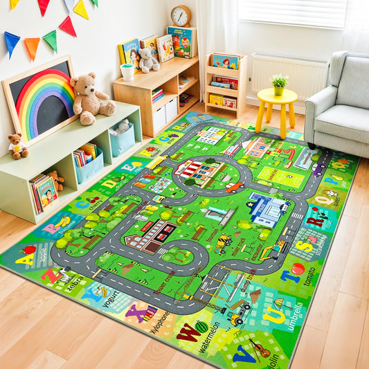 Chicrug 5x7 Car Road Area Rug for Kids Playroom Bedroom, Non Slip Low Pile Washable ABC Alphabet Carpet for Classroom, Track Play Mat for Toddler Children Nursery Baby Room Decor, Dark Green