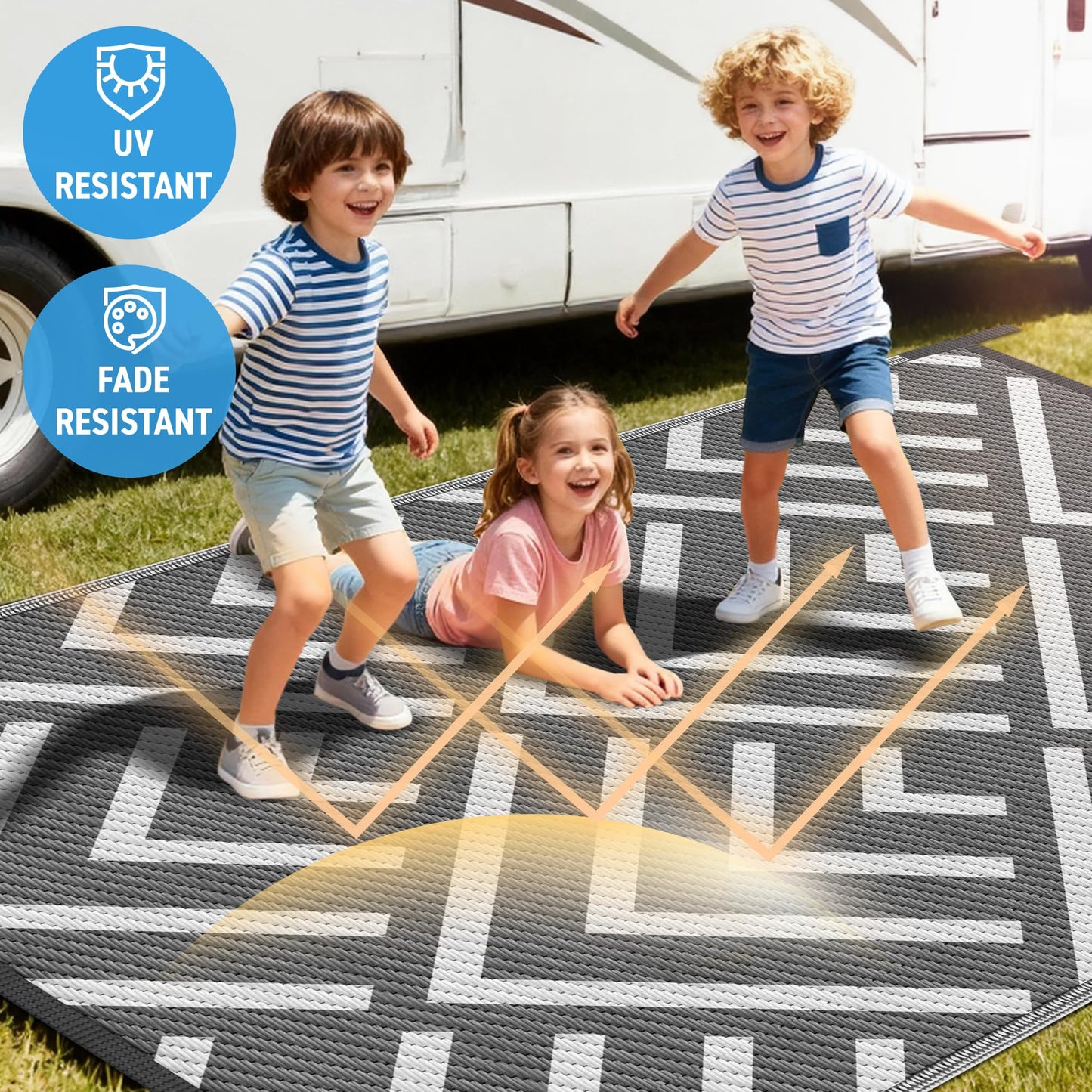 Kohree Outdoor Rug 9x12 Reversible, Waterproof Outdoor Plastic Straw Rug RV Patio Mat, Non-Slip Easy-Cleaning RV Outdoor Mat Carpet for Deck, Patio, Camping, Balcony, Deck, Backyard (Grey & White)