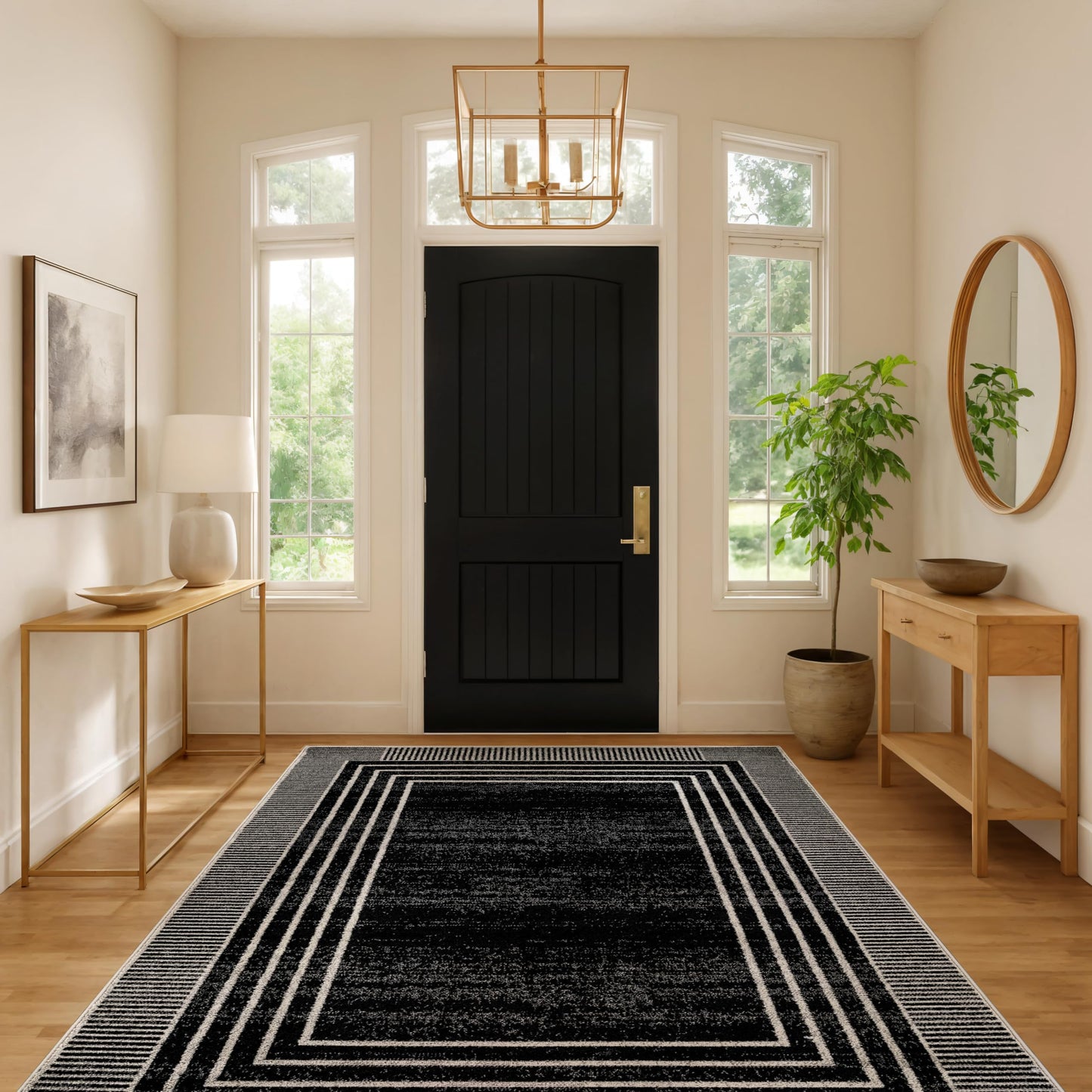 Rugshop Contemporary Geometric Bordered Indoor Area Rug for Living Room,Bedroom,Kitchen Rug Low Pile Rug with Jute Backing 5' x 7' Black