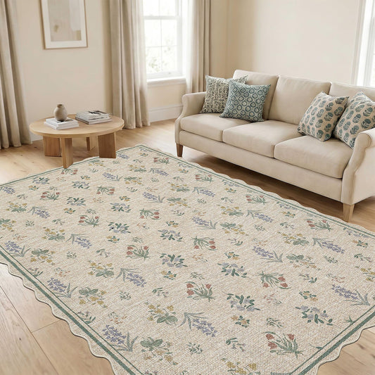 ORTIGIA Scalloped Easy Jute 5x7 Area Rug Washable Non-Slip, Vintage Floral Farmhouse Indoor Outdoor Carpet for Living Room Bedroom Patio Entryway