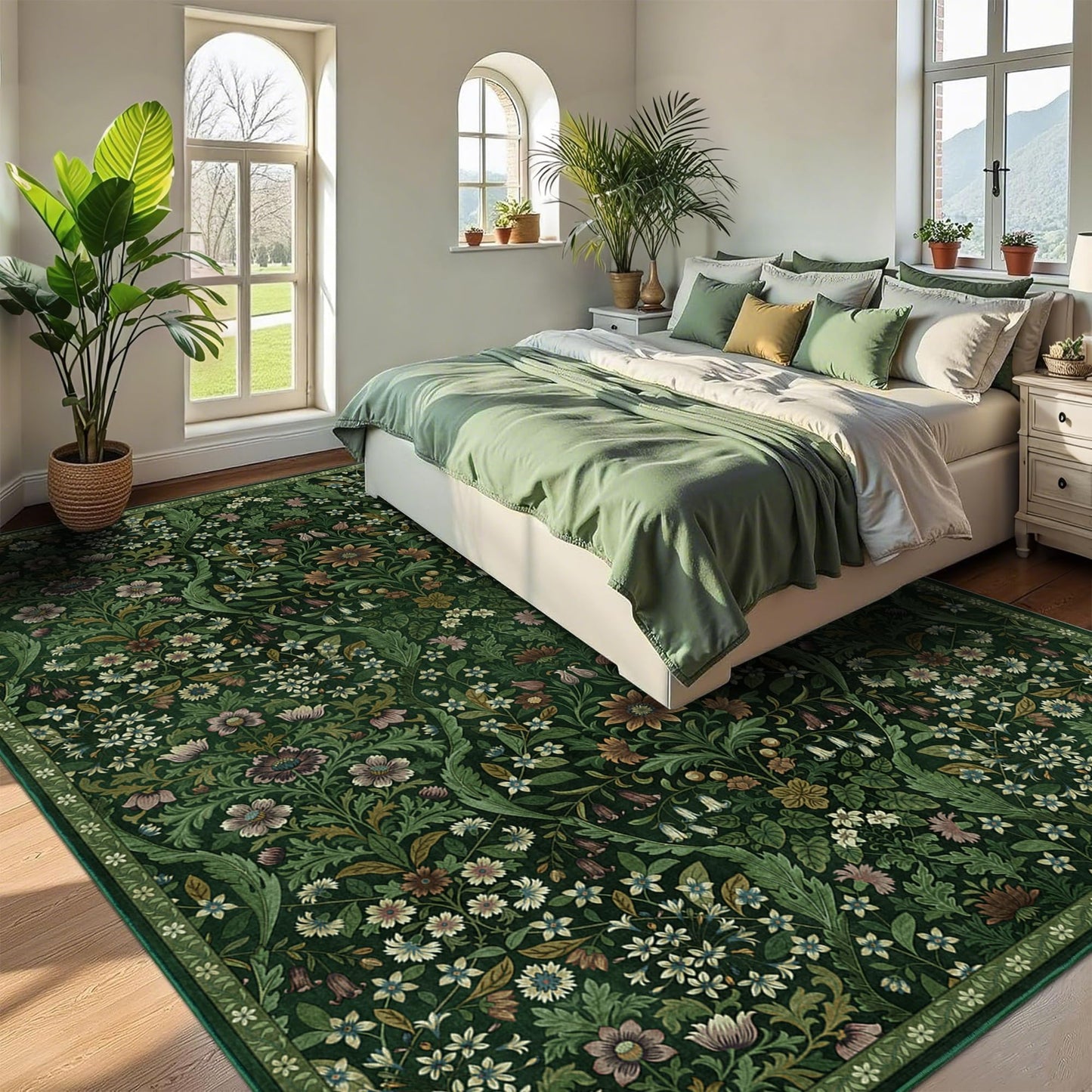 9x12 Dark Green Vintage Floral Area Rug,Washable Large Boho Living Room Rugs,Botanical Print Non-Slip Stain Resistant Lightweight Carpet for Bedroom Dining Room Nursery