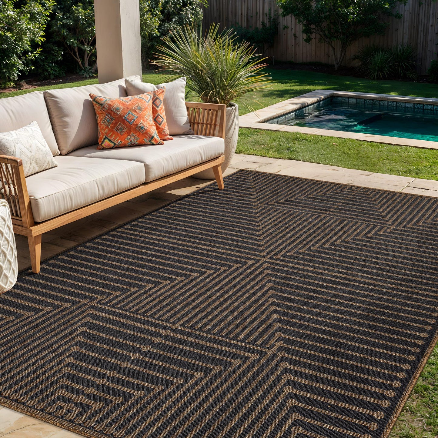 Rugshop Geometric Lines Indoor Outdoor Flat Woven Area Rug,Natural Jute-Style,Easy-Care Patio Rug for Backyard Porch Deck Balcony, 5' x 7' Dark Gray/Natural