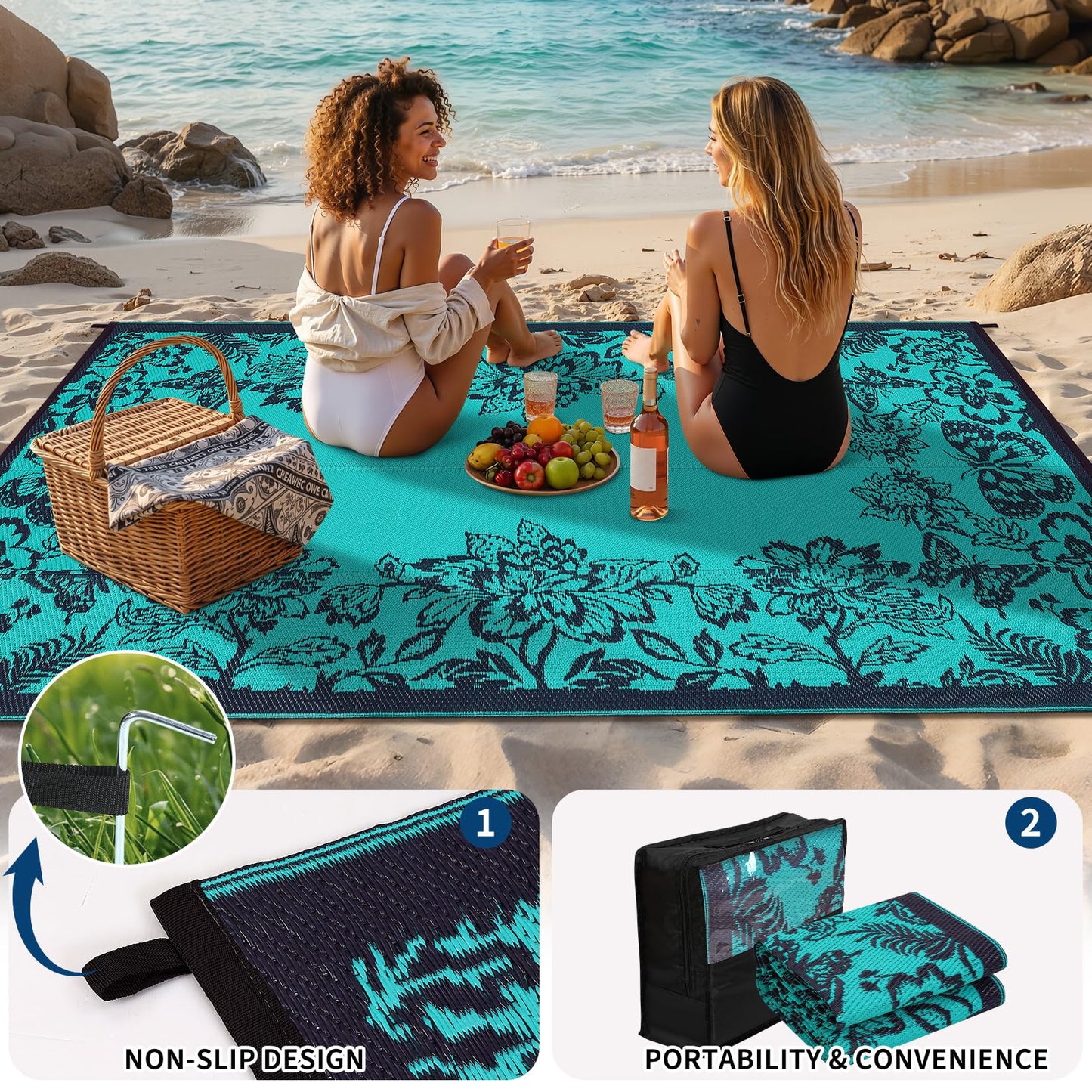 GarveeHome Outdoor Rug 9x12 Patio Waterproof, Reversible Plastic Straw Rugs for Camping, Picnic, Balcony, Porch, RV, Easy-Clean & Quick Dry Floral Pattern Large Indoor Outdoor Carpet, Teal