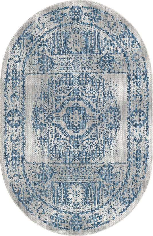 Unique Loom Outdoor Traditional Collection Area Rug - Timeworn (5' 3" x 8' Oval, Blue/ Gray)