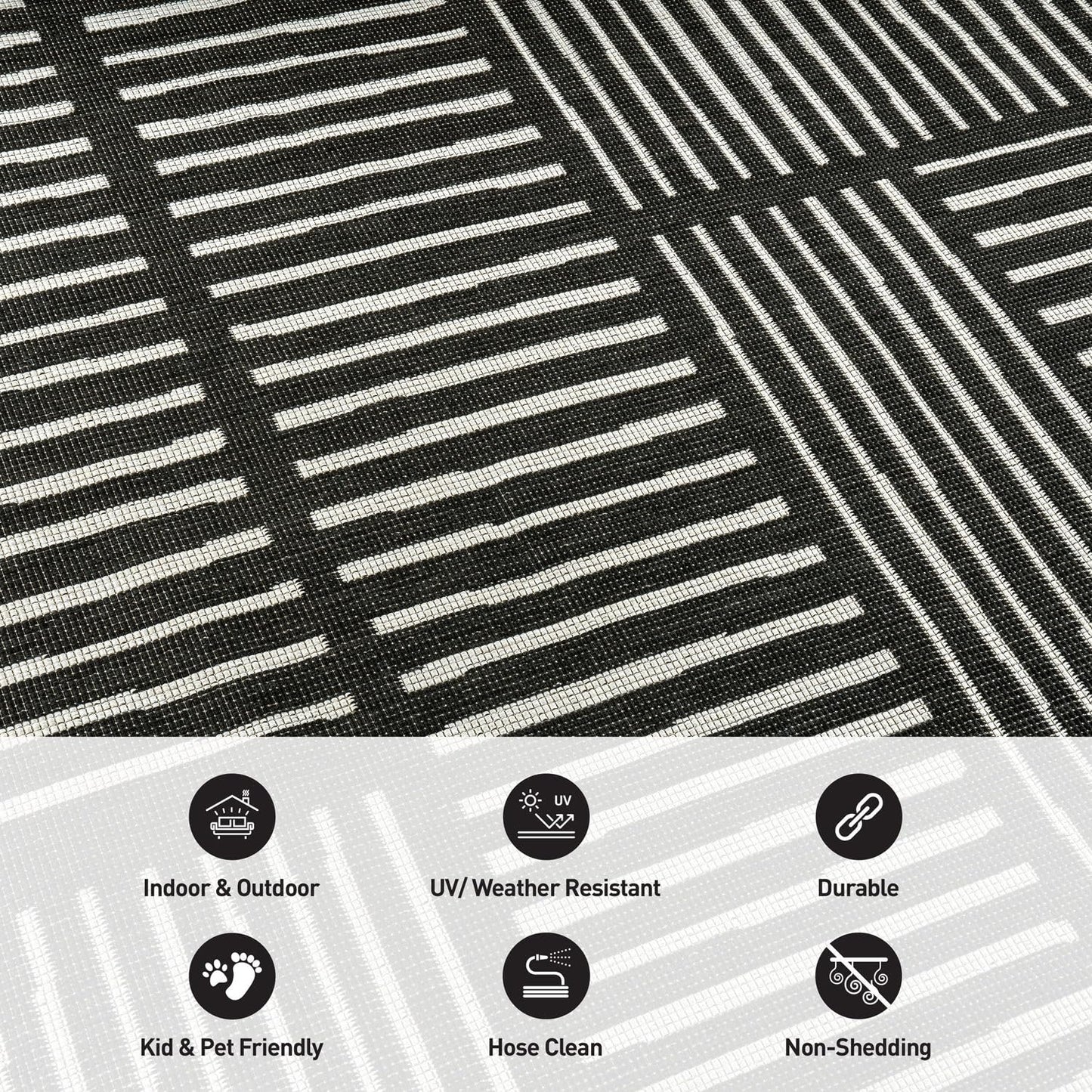 Rugshop Black Contemporary Stripe Indoor/Outdoor Runner Rug, Weather Resistant & Reversible, for Hallway, Entryway and Kitchen, 2' x 7'