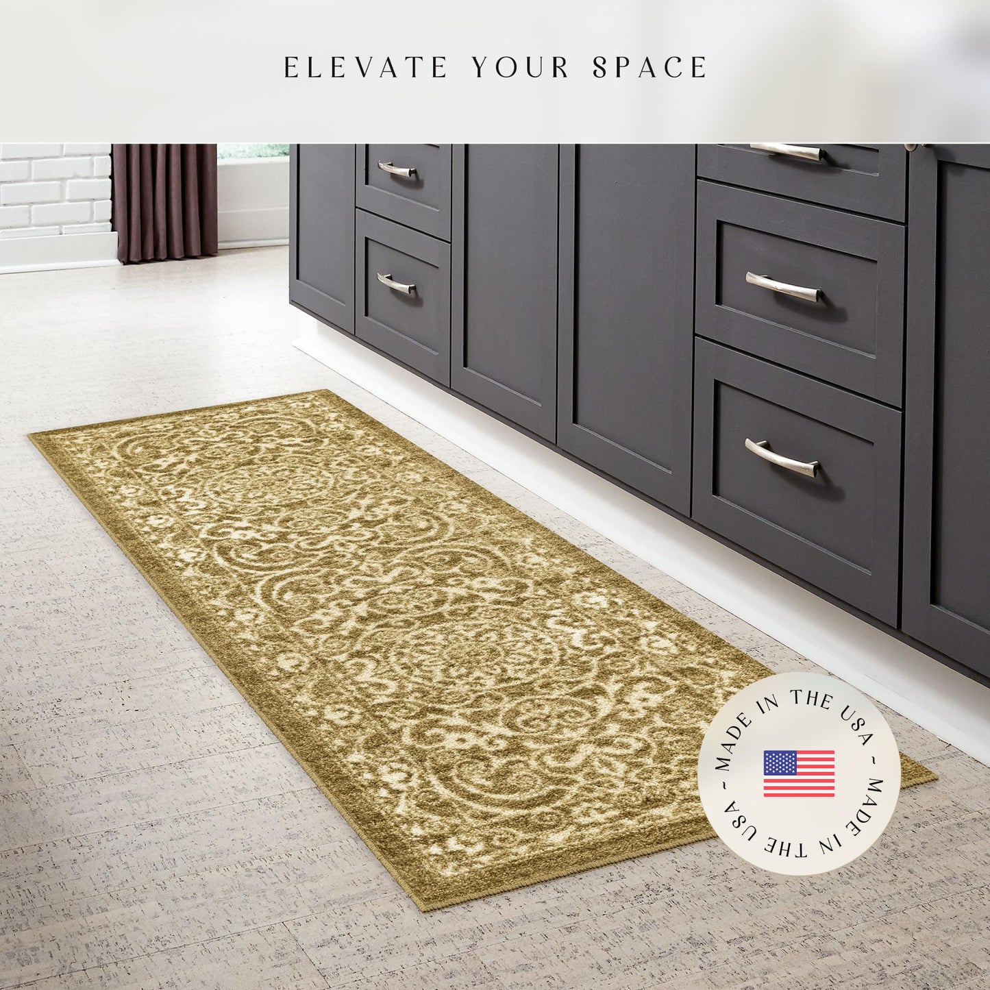 Maples Rugs Pelham Vintage Medallion Runner Rug - Made in USA - Washable, Non-Slip, Low Profile Indoor Rug for Hallway, Kitchen, and Laundry Room, 2' x 6', Khaki