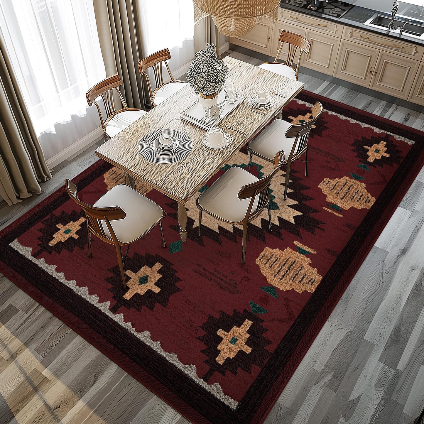 8x10 Area Rug for Living Room Western Rug Aztec Southwestern Rugs Machine Washable Tribal Navajo Southwest Rug Non Slip Printed Low-Pile Indoor Floor Carpet for Dining Room Bedroom Office, Red