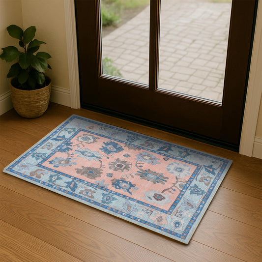 Fame Living Modern Oushak Rug, Small Rugs, Vintage, Turkish, Eclectic, Floral, Pastel, Washable, Door mat, Doormat for Indoor Entrance, Entryway, Kitchen, Bathroom, Bedroom, Laundry, 2'x3'