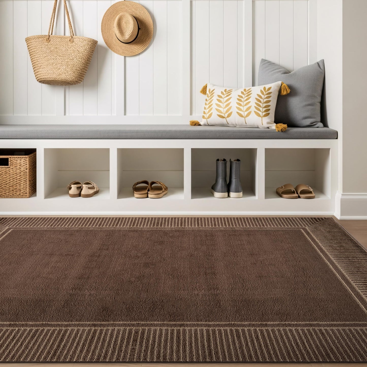 Rugshop Modern Distressed Bordered Indoor Area Rug for Entryway,Bedroom,Kitchen Rug Low Pile Rug with Jute Backing 4' x 6' Brown