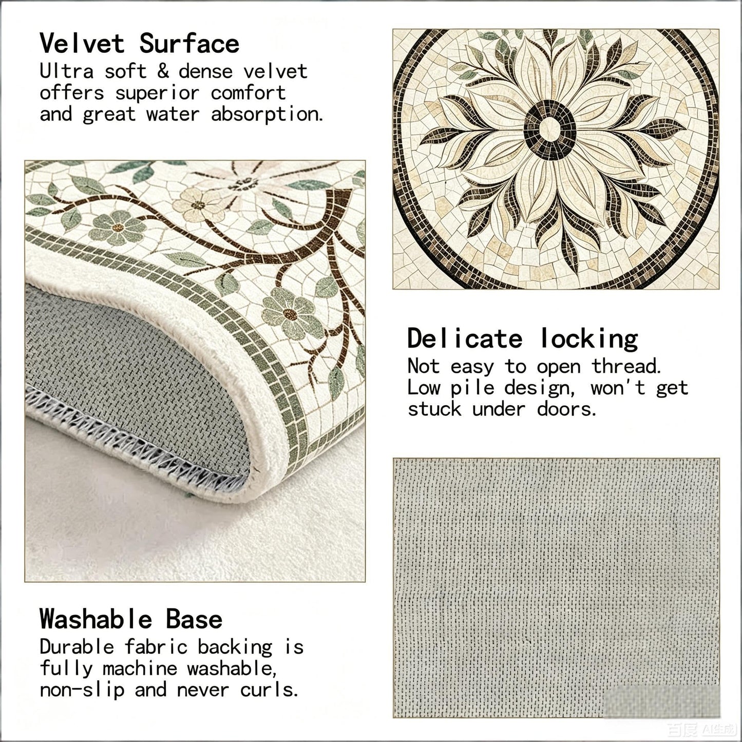 WOYUO Half Circle Door Mat 20"x31.5" Non-Slip Washable Welcome Mat, Low Profile Front Door Mat Semicircular Entrance Doormat, Dirt Trapper Floor Mat (Bees and Flowers, 24"x 36" Large Half Round)