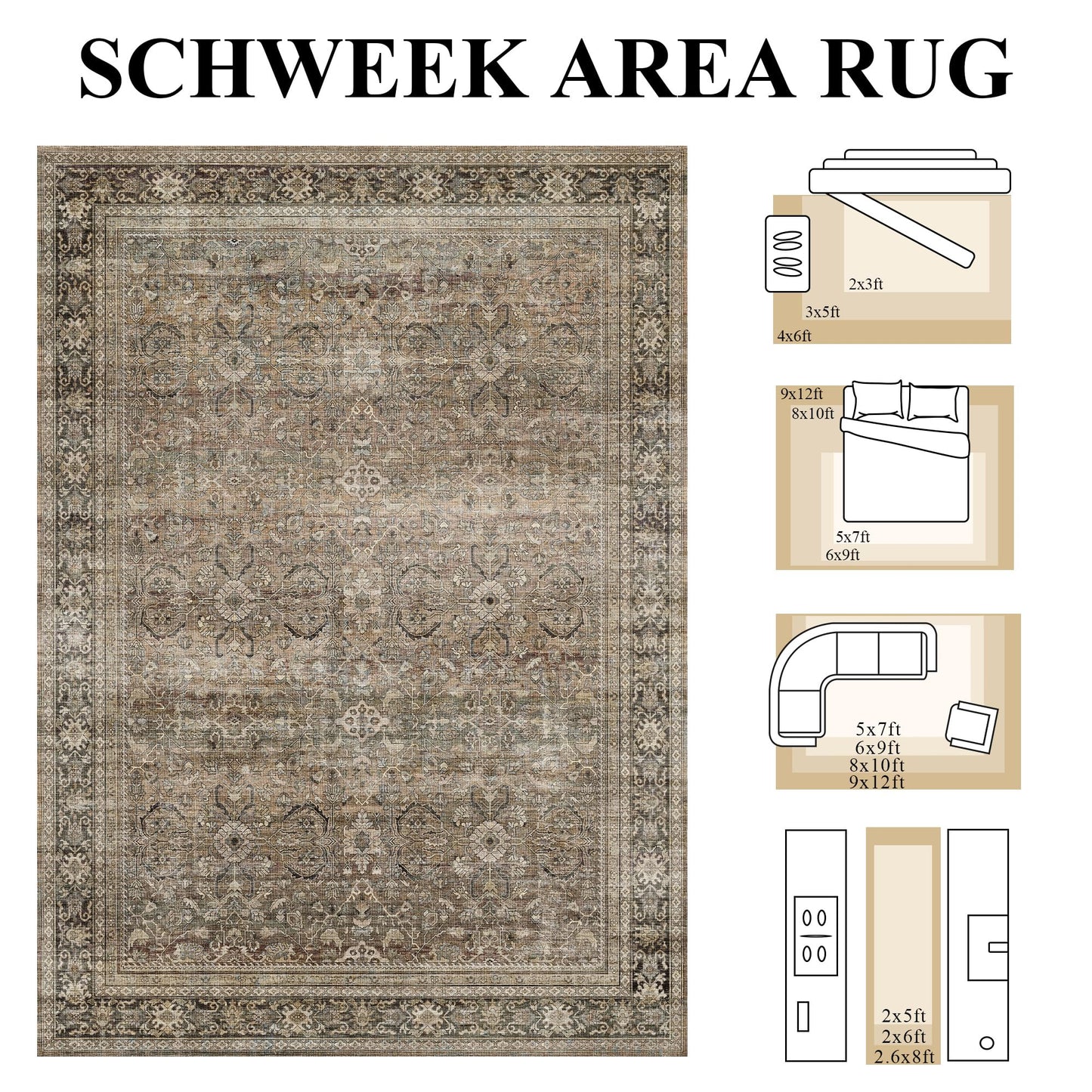 Schweek 8x10 Washable Area Rug Brown Neutral Vintage Distressed Rugs Large Non-Slip Living Room Area Rugs, Soft Low Pile Carpet Indoor Mat Throw Rug for Bedroom Dining Room Office Nursery